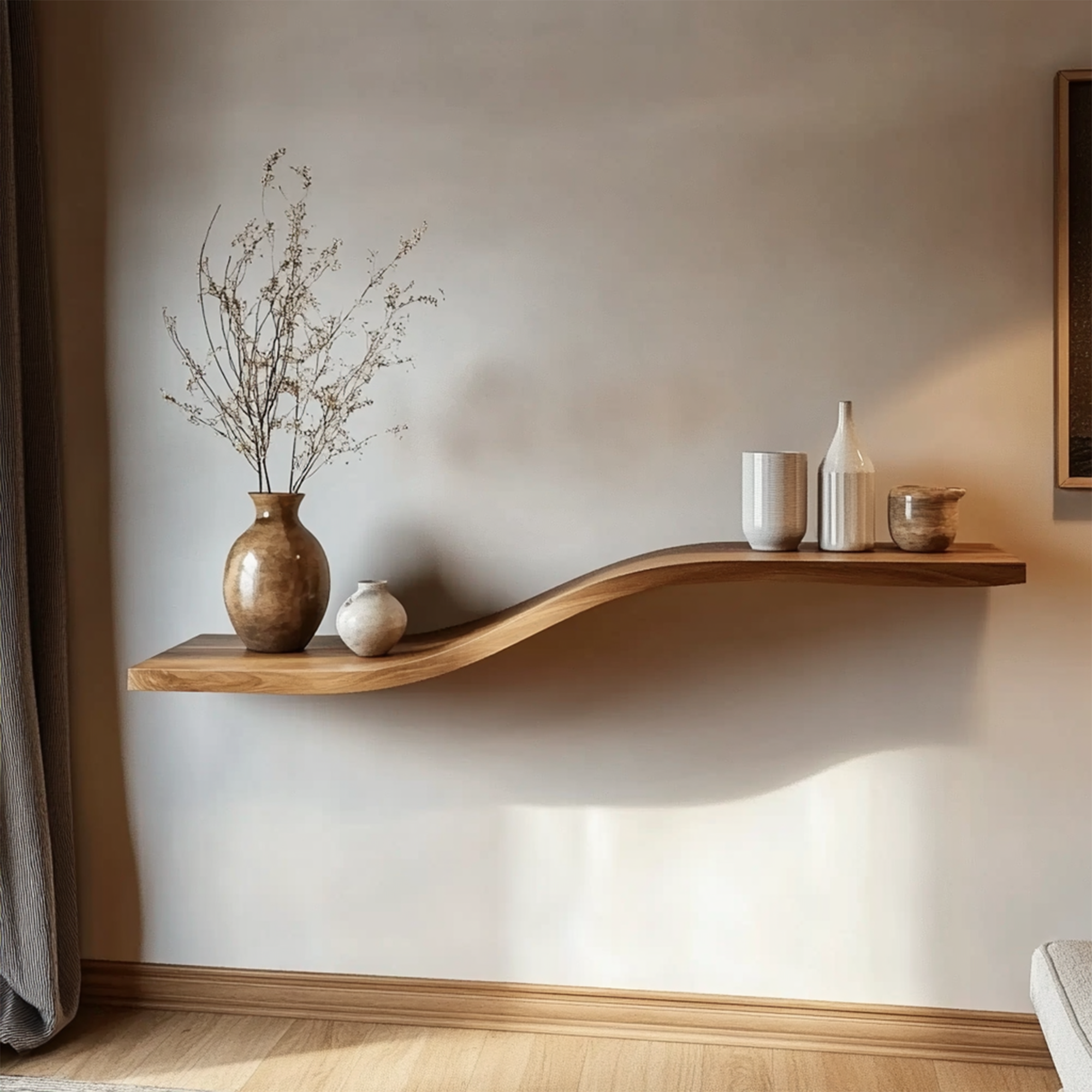 Curved Solid Wood Wall Shelf Minimal Organic Interior Decor SINLKIFL360