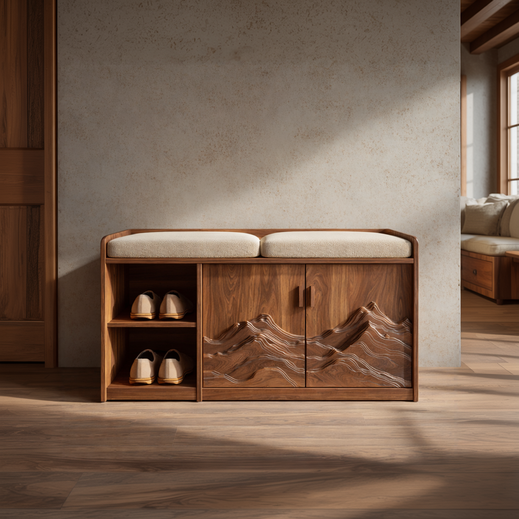 Rustic Sculptural Storage Bench For Entryway Or Sleeping Space SINLKISB087