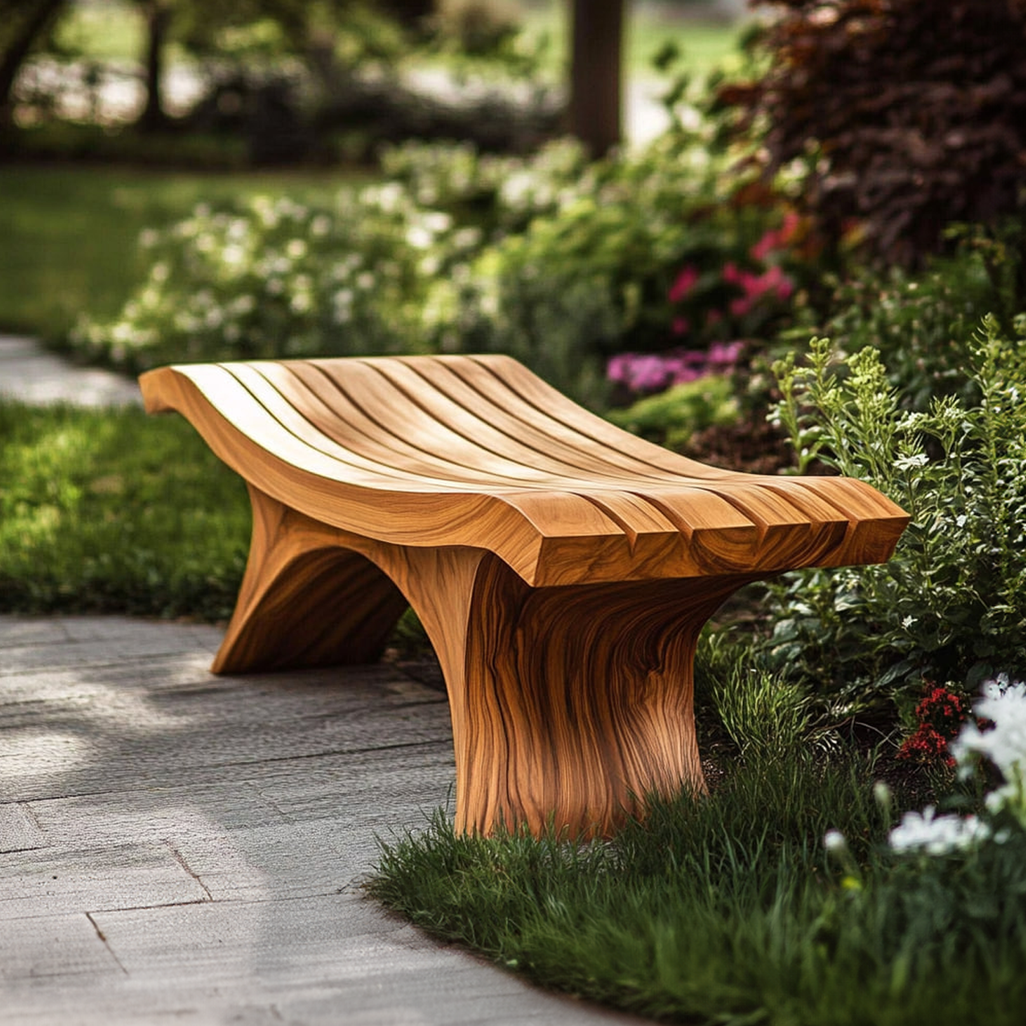 Sculptural Modern Outdoor Wood Bench Garden Patio SINLKIRS041