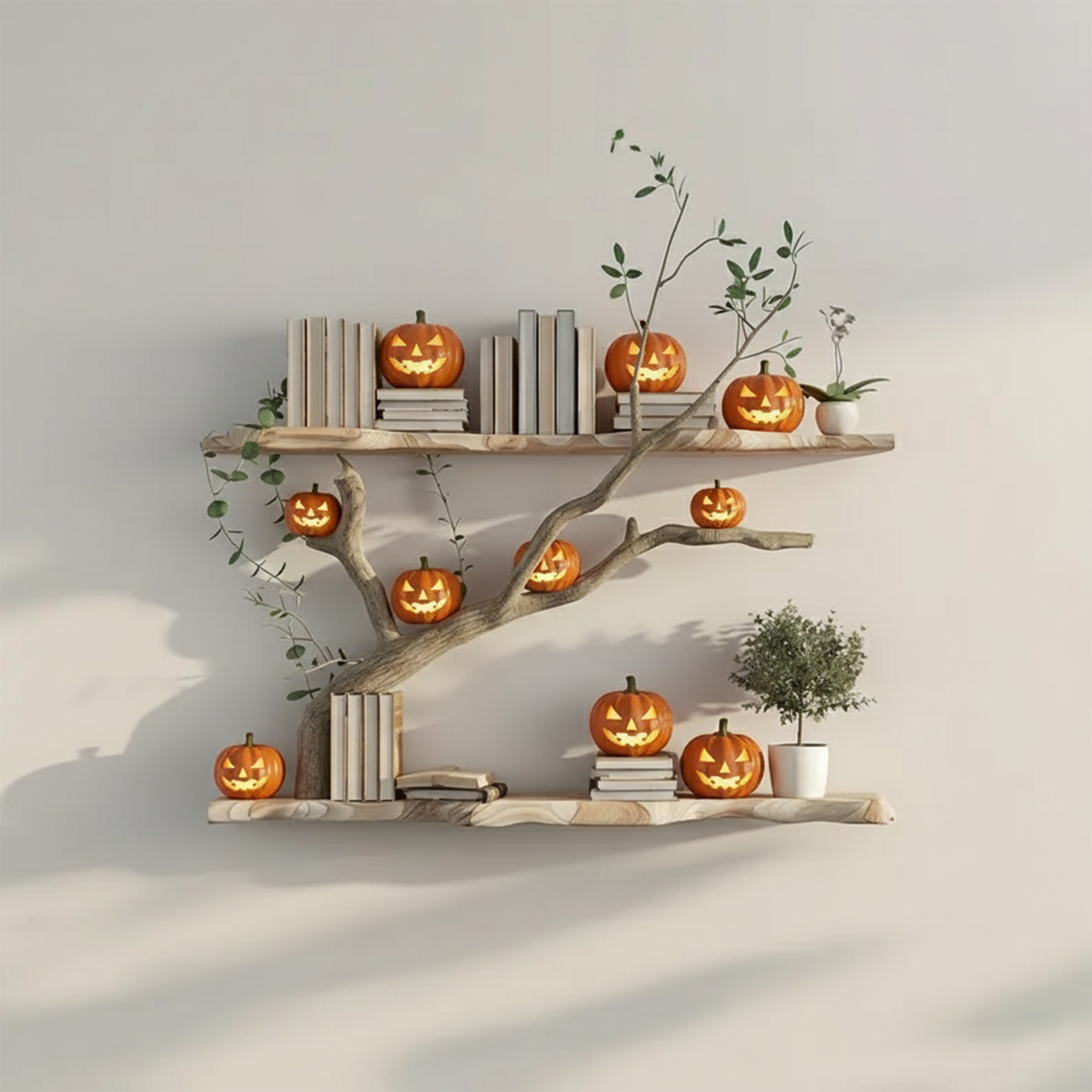 Mid Century Wooden Wall Bookshelf With Tree Branch Design Halloween Style SINLKIHW051