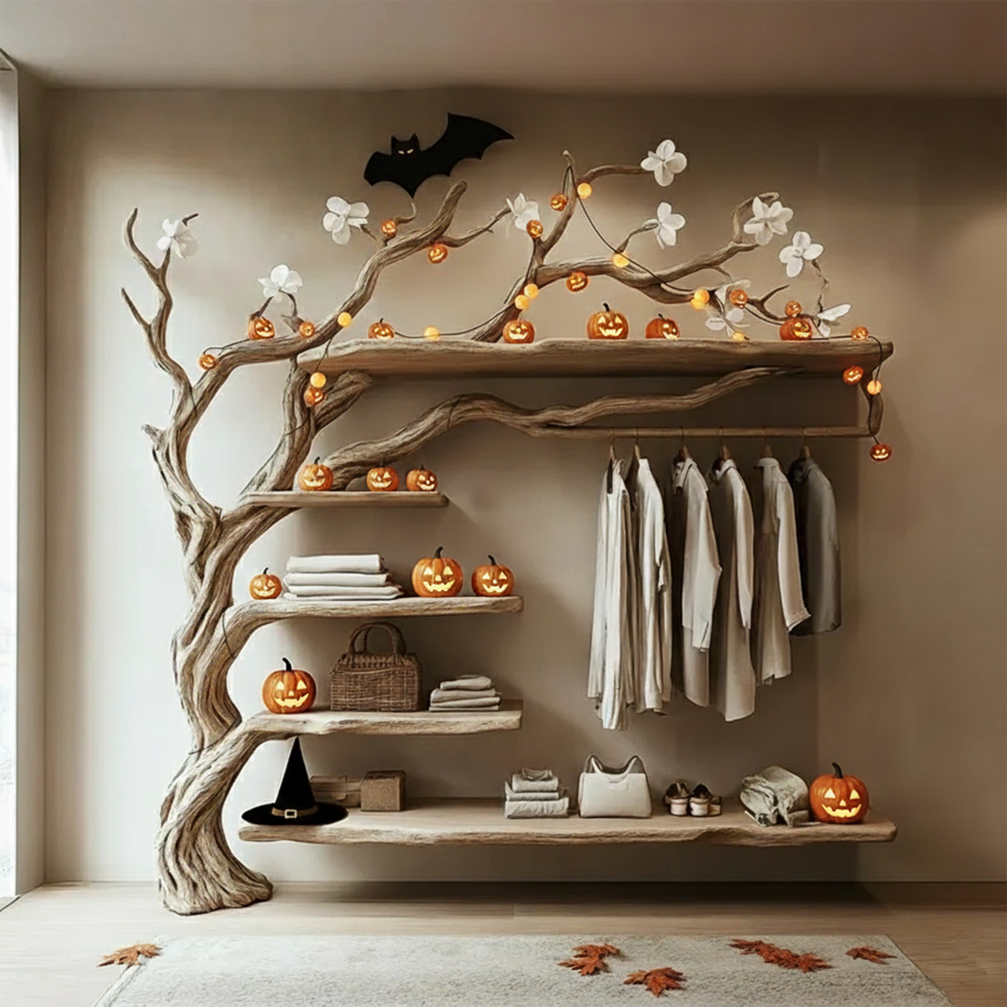 Mid Century Wooden Halloween Tree Clothes Organizer Shelf Home Decor SINLKIHW049