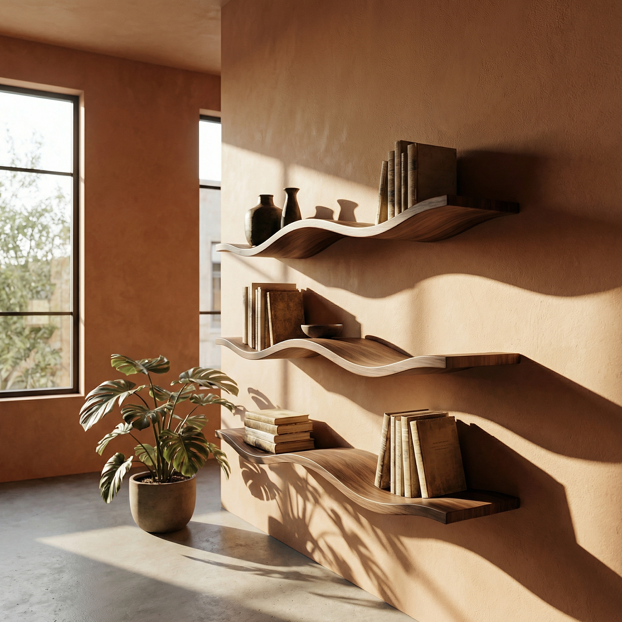 Modern Curved Floating Wall Shelves Sculptural Wood Book Display SINLKIFL481