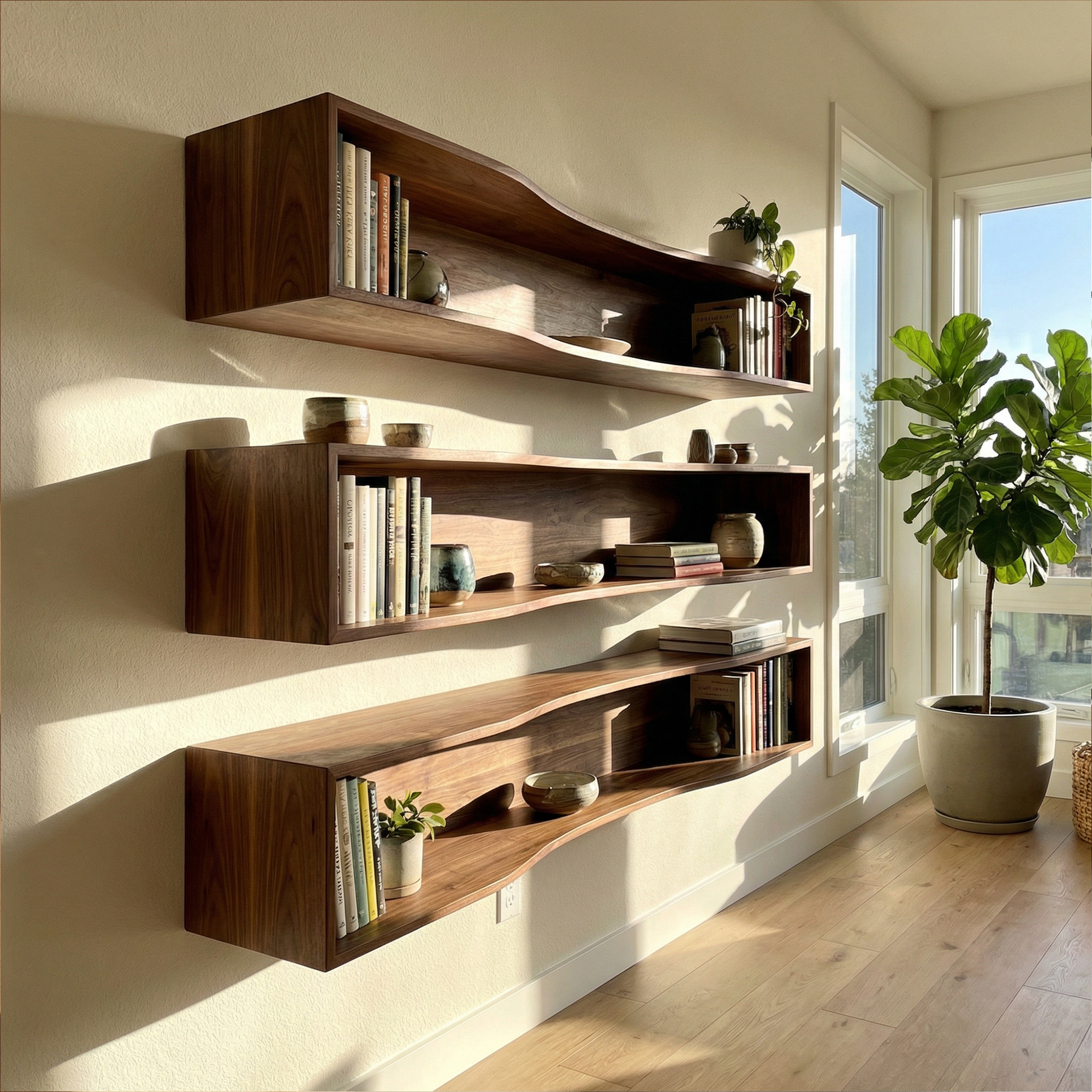 Modern Rectangular Floating Wall Shelves Solid Wood Open Storage SINLKIFL482