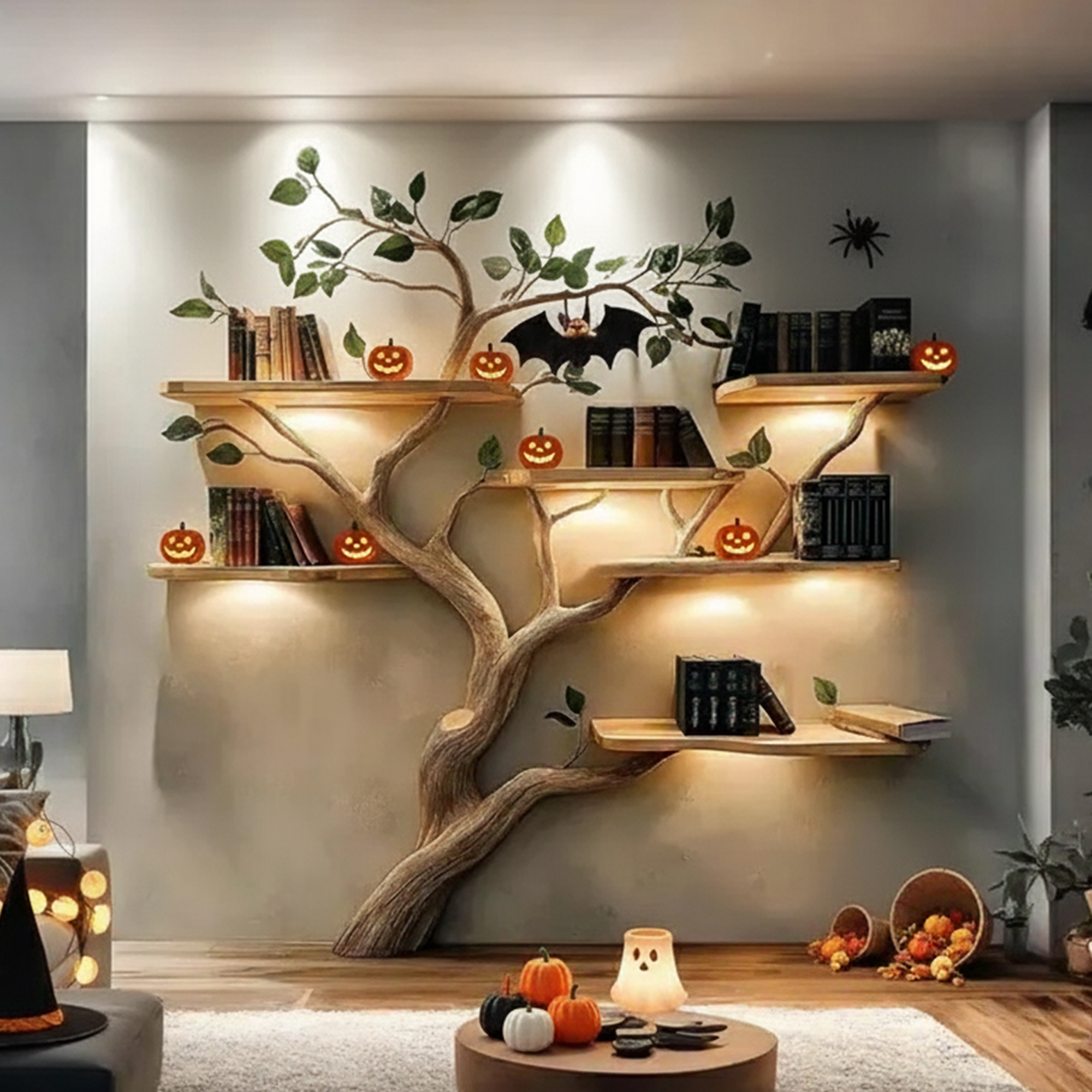 Rustic Handmade Halloween Wooden Tree Shelf Living Room Decor SINLKIHW047