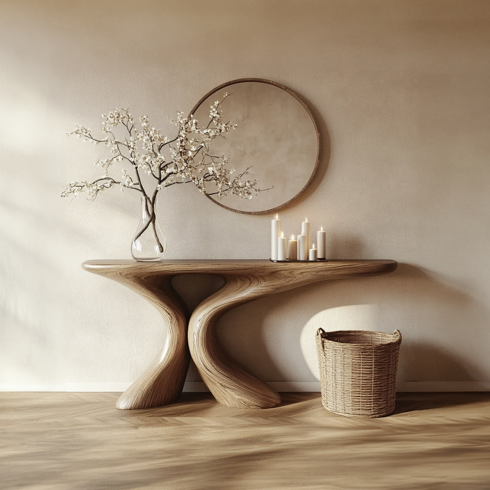 Rustic Entry Table Smooth Sculptural Form Luxury Welcome Area SINLKICS345