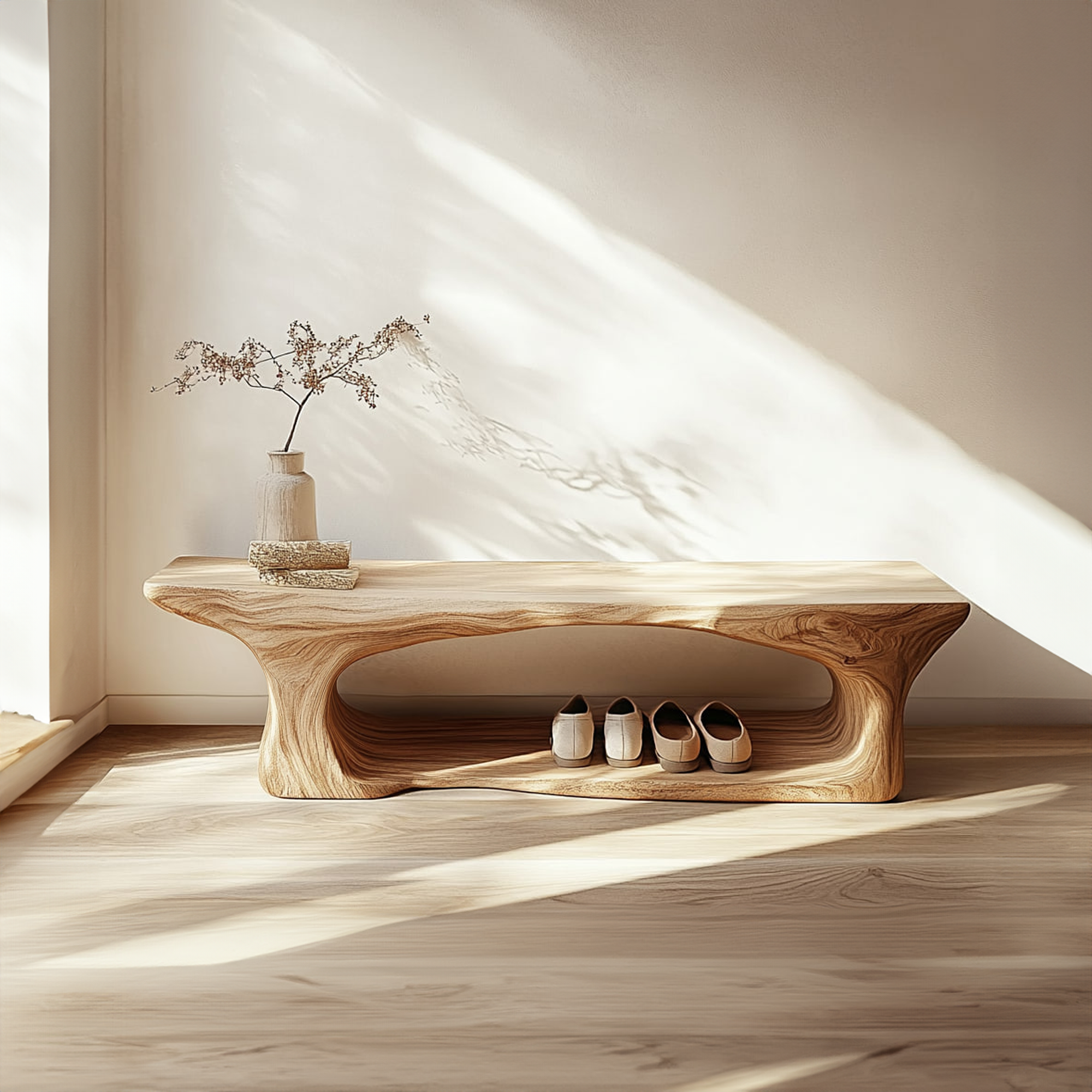 Mid Century Sculptural Wood Shoe Bench Interior SINLKISB057