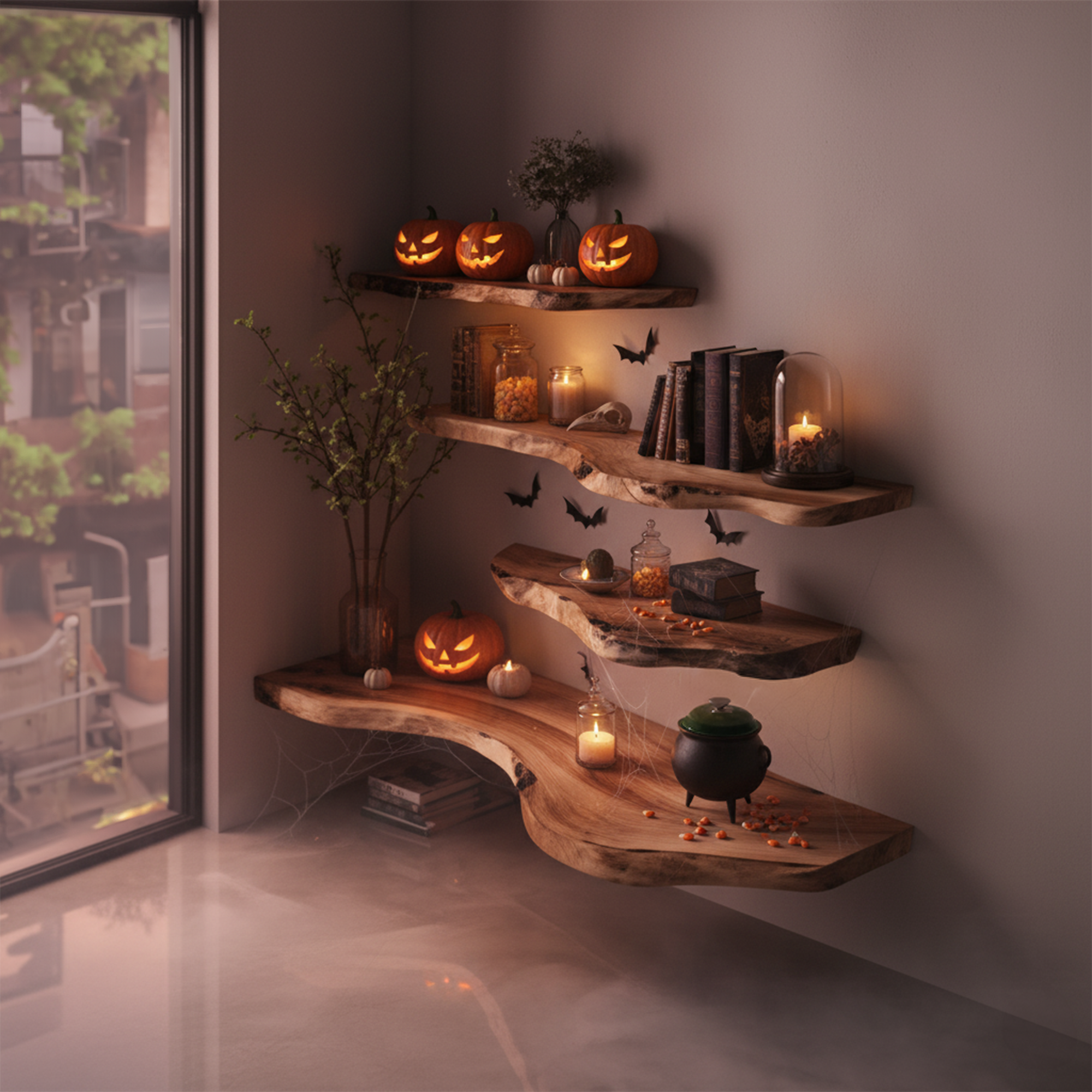 Mid Century Halloween Floating Shelf Natural Wood Wall Decor SINLKIHW044