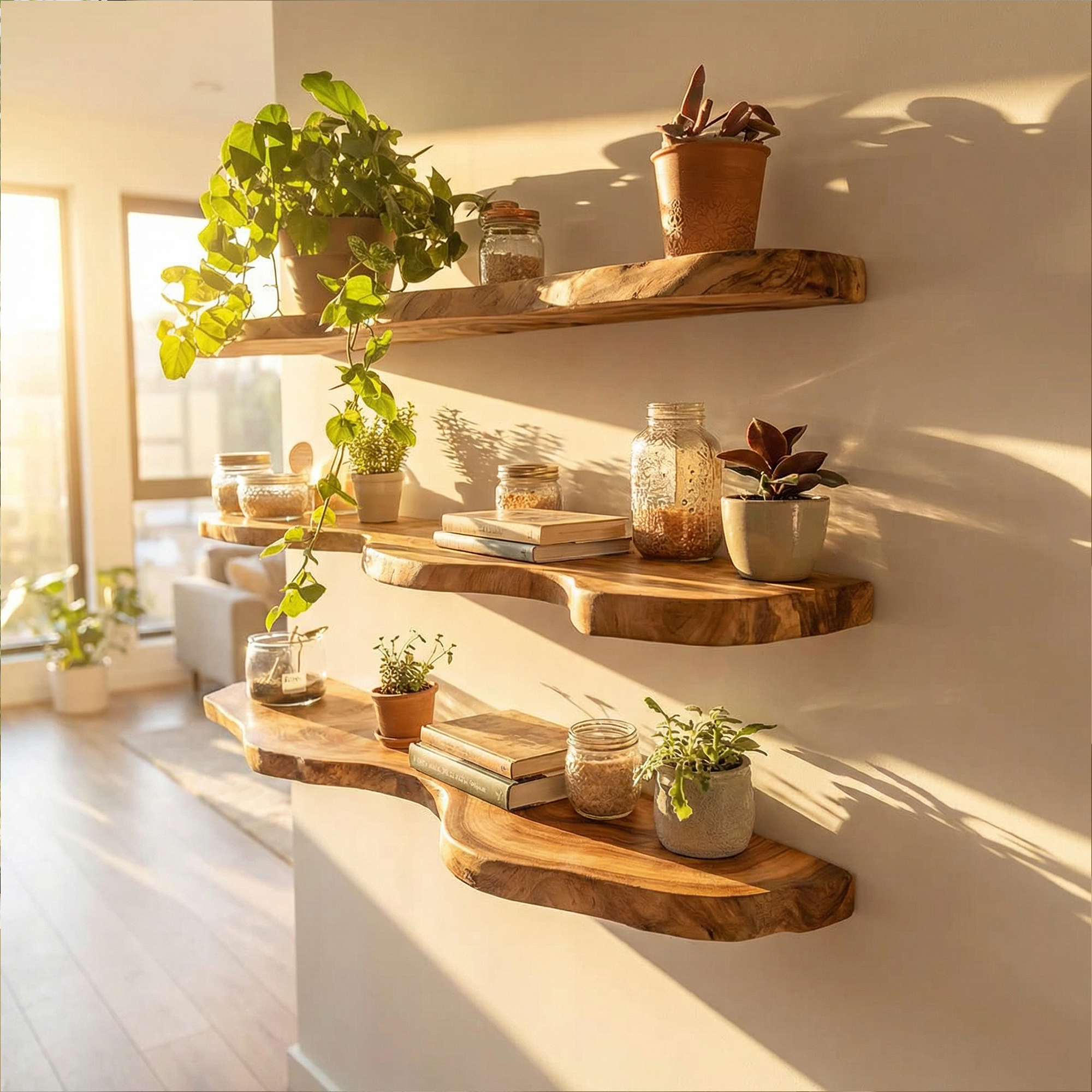 Modern Live Edge Floating Wall Shelves Natural Wood Organic Display SINLKIFL485