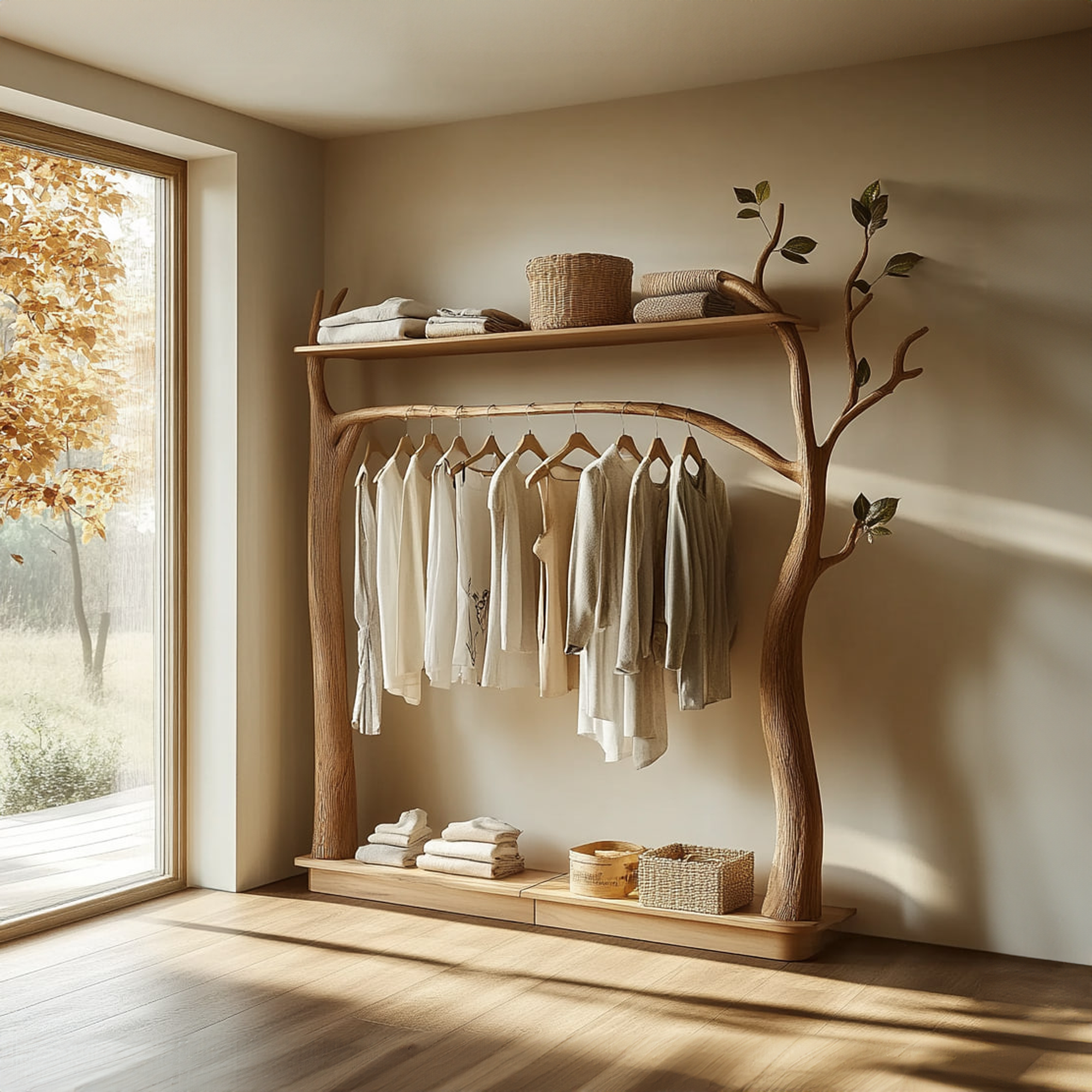 Rustic Tree Clothes Rack Solid Wood Bedroom Organizer SINLKITCR057