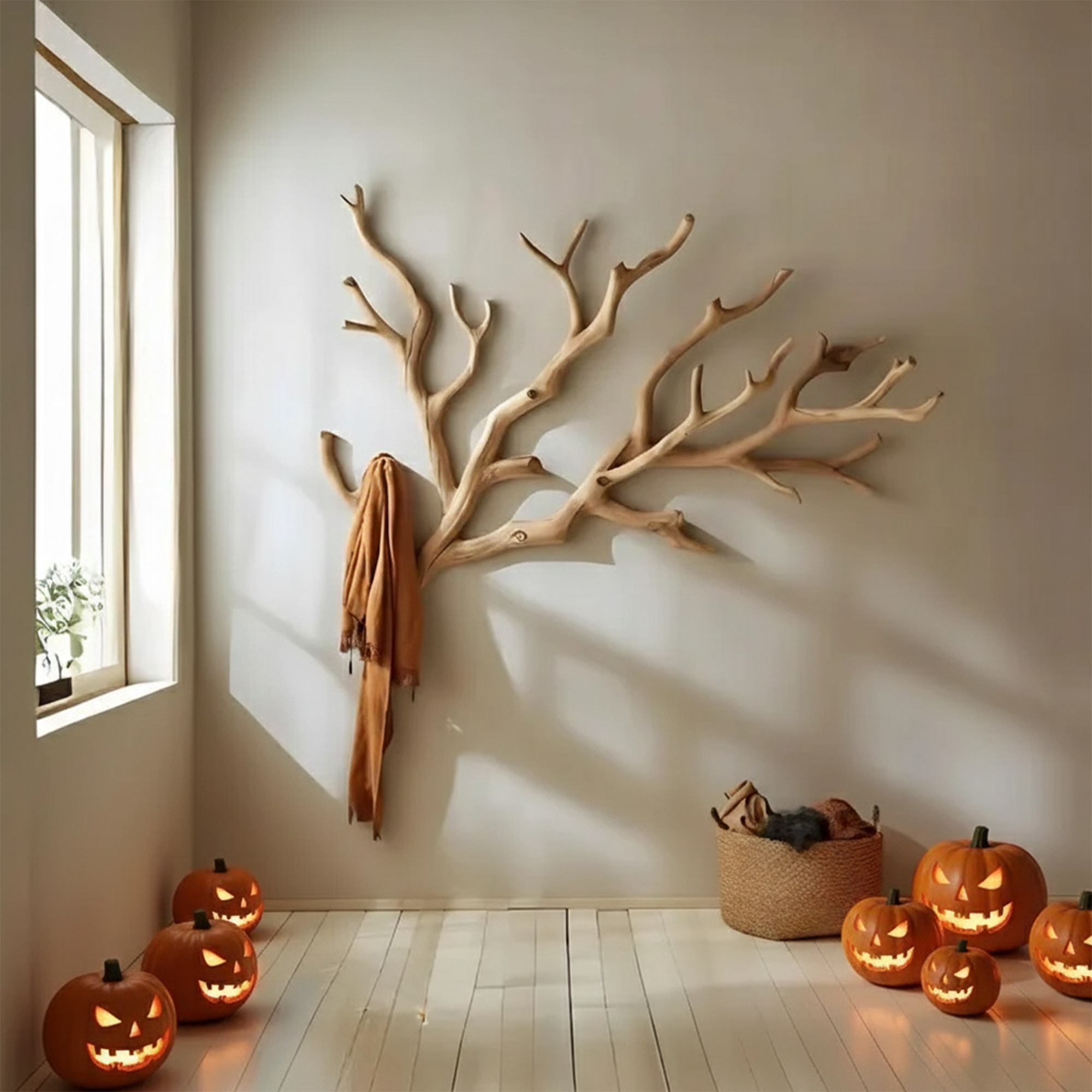Rustic Hallway Coat Rack Stand Wooden Tree Branch Halloween Home Decor SINLKIHW056