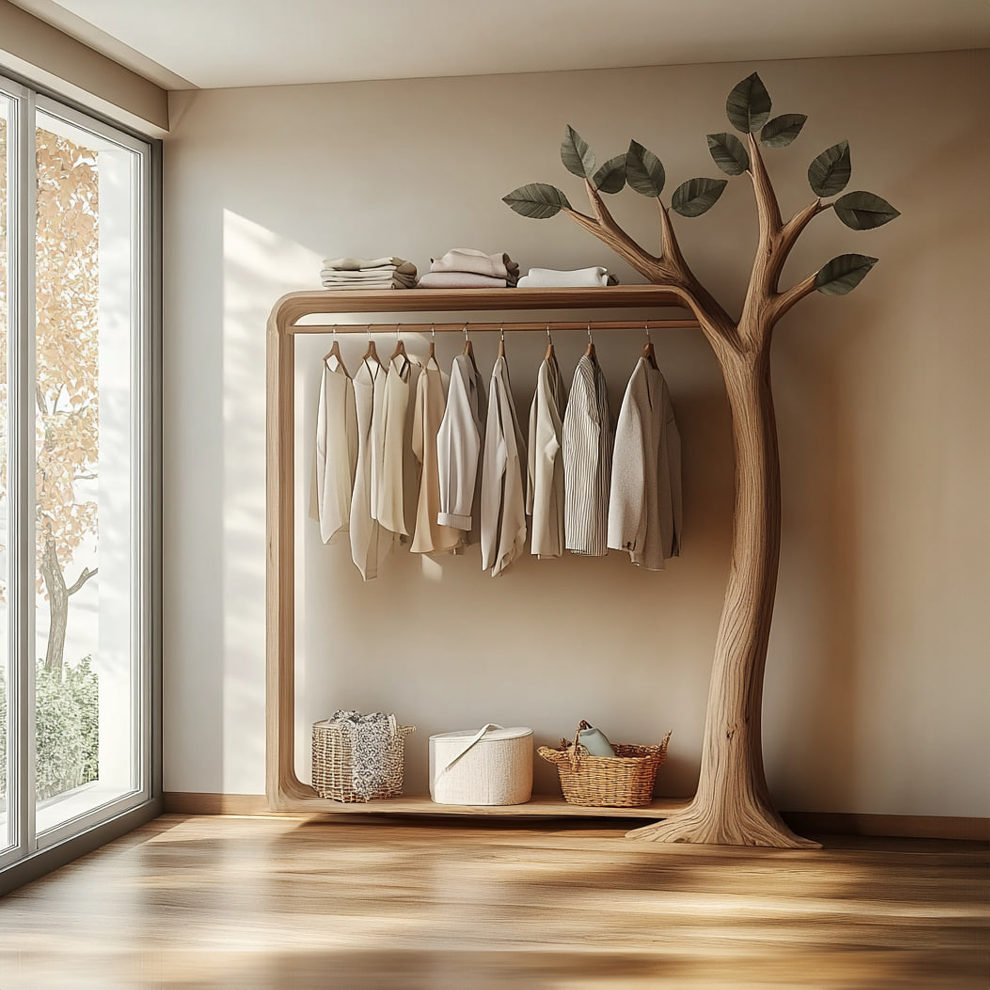 Rustic Tree Wardrobe Rack Solid Wood Bedroom Organizer SINLKITCR054