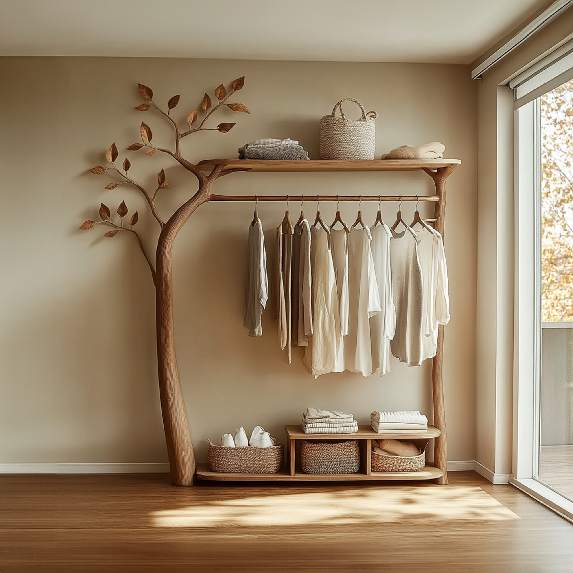 Rustic Tree Clothes Rack Solid Wood Bedroom Organizer SINLKITCR055