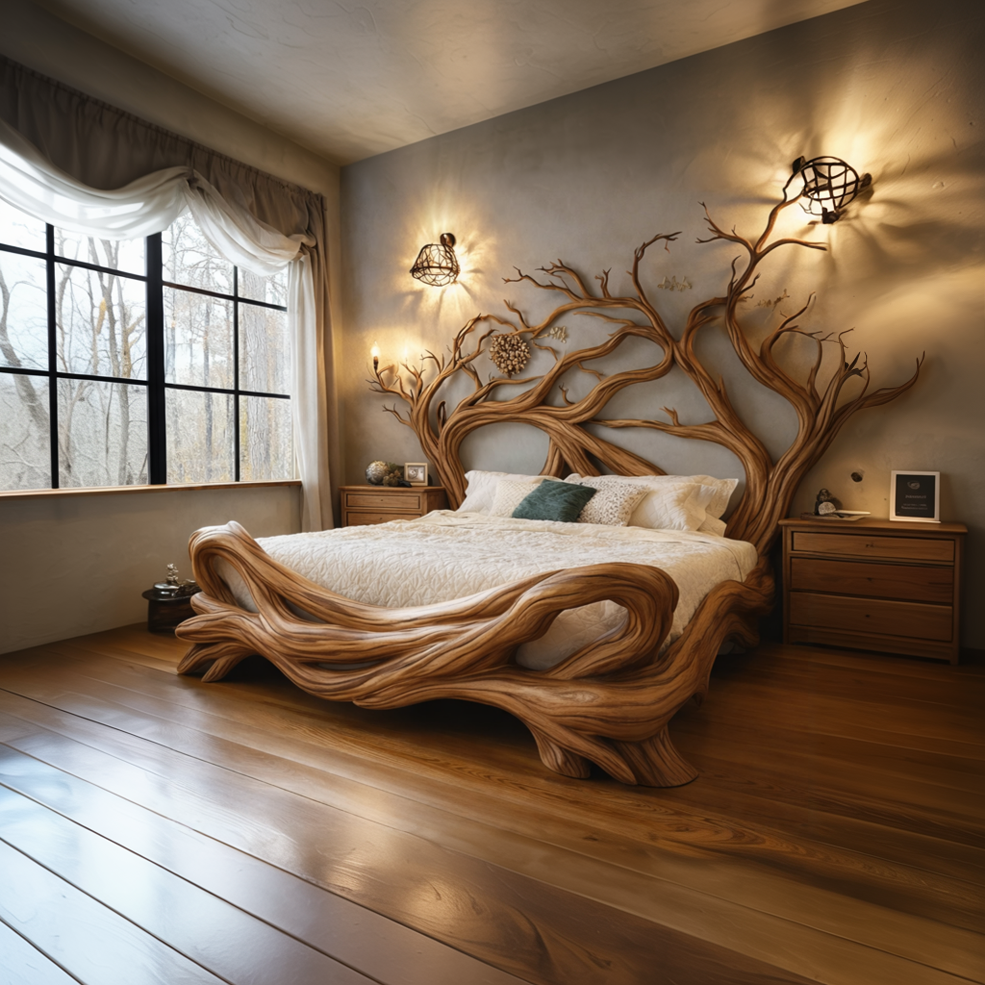 Sculptural Tree Inspired Wooden Shelf Organic Branch Design For Bedroom Interior SINLKIWB089