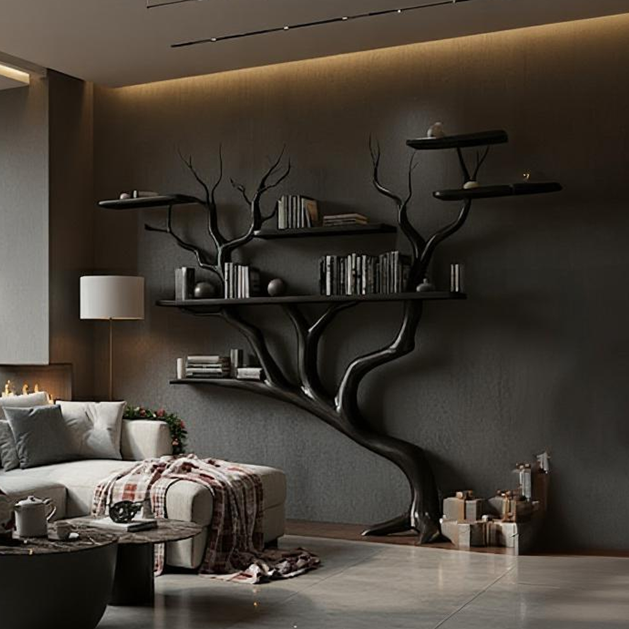 Rustic Dark Tree Bookshelf Living Room Christmas Seasonal SINLKITB498