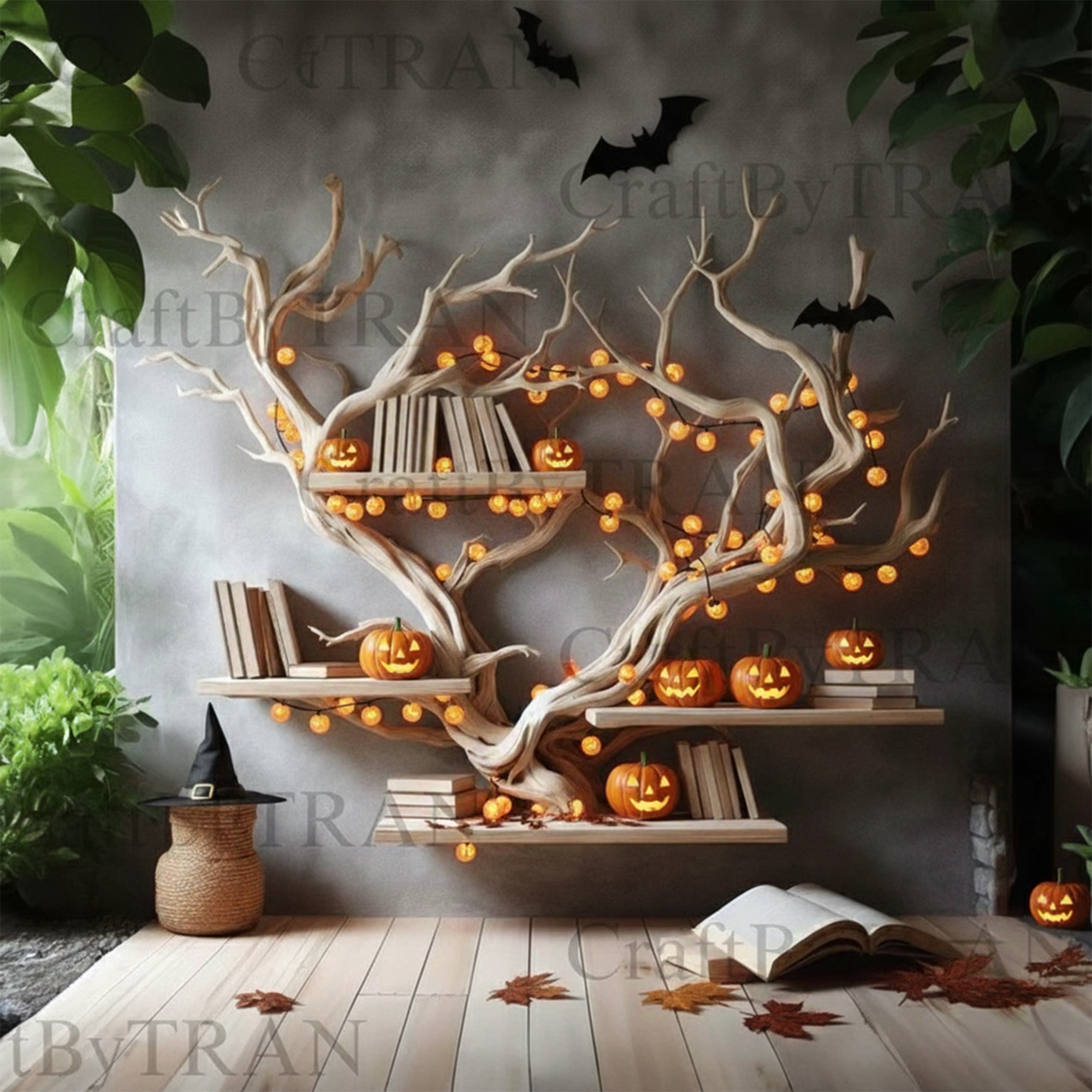 Rustic Tree Branch Bookshelf Halloween Wall Shelf Living Room Decor SINLKIHW050