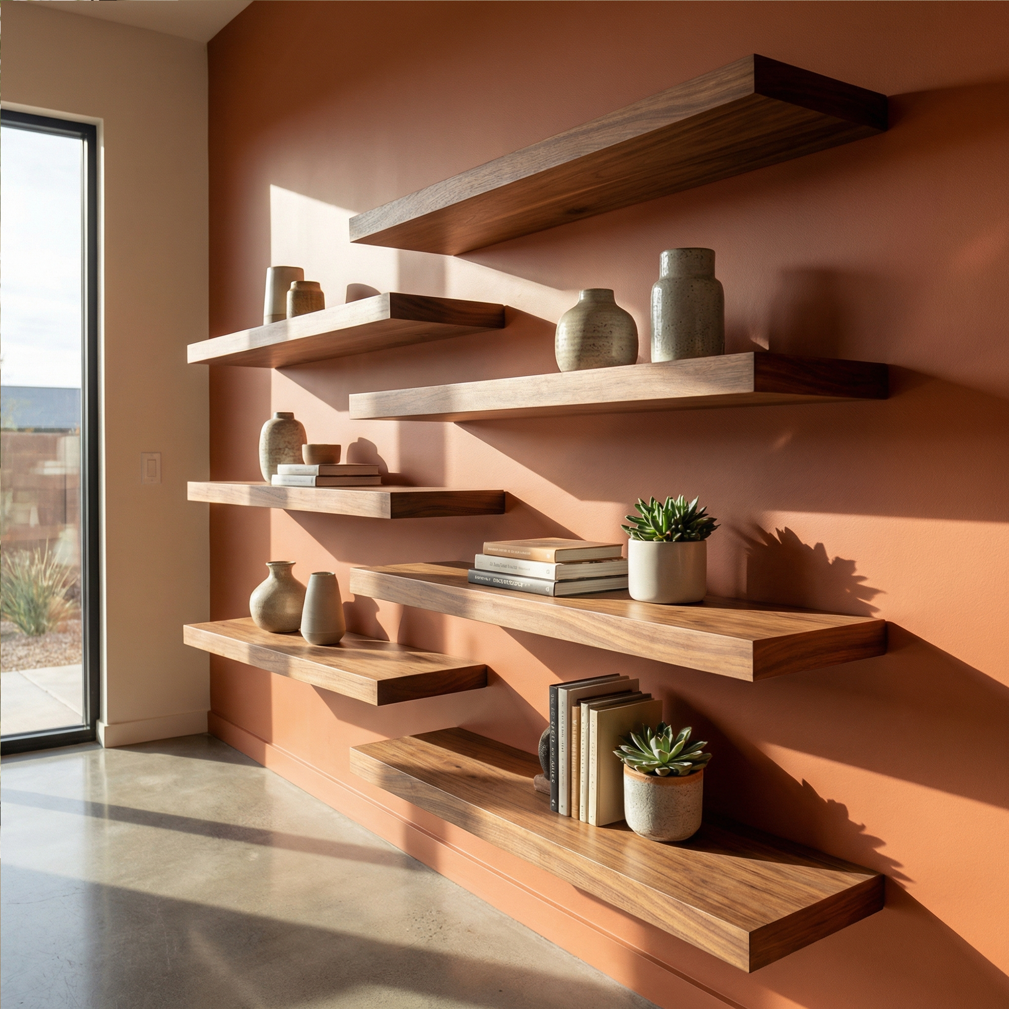 Modern Asymmetrical Floating Wall Shelves Solid Wood Statement Display SINLKIFL484