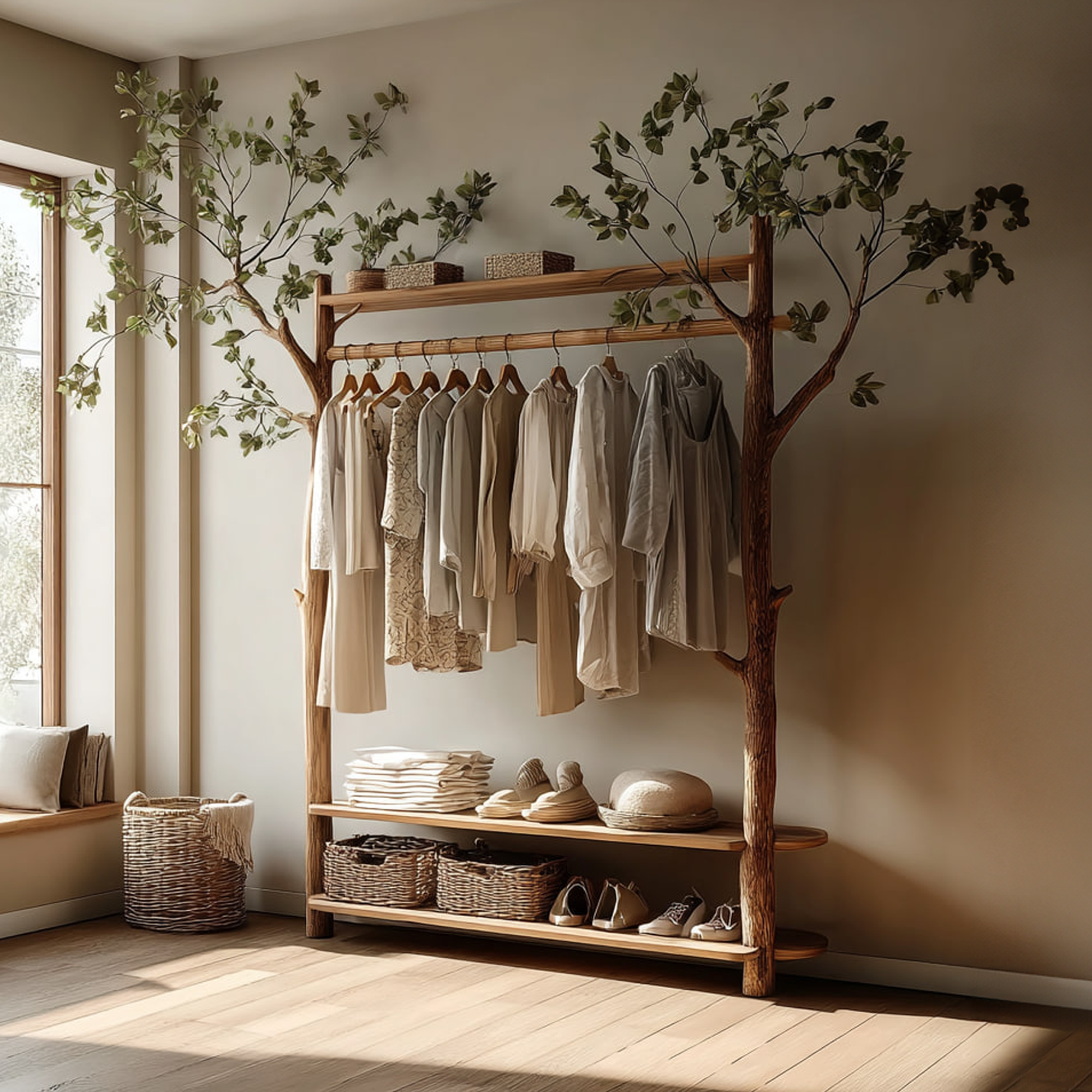 Rustic Tree Clothes Rack Solid Wood Bedroom Organizer SINLKITCR058