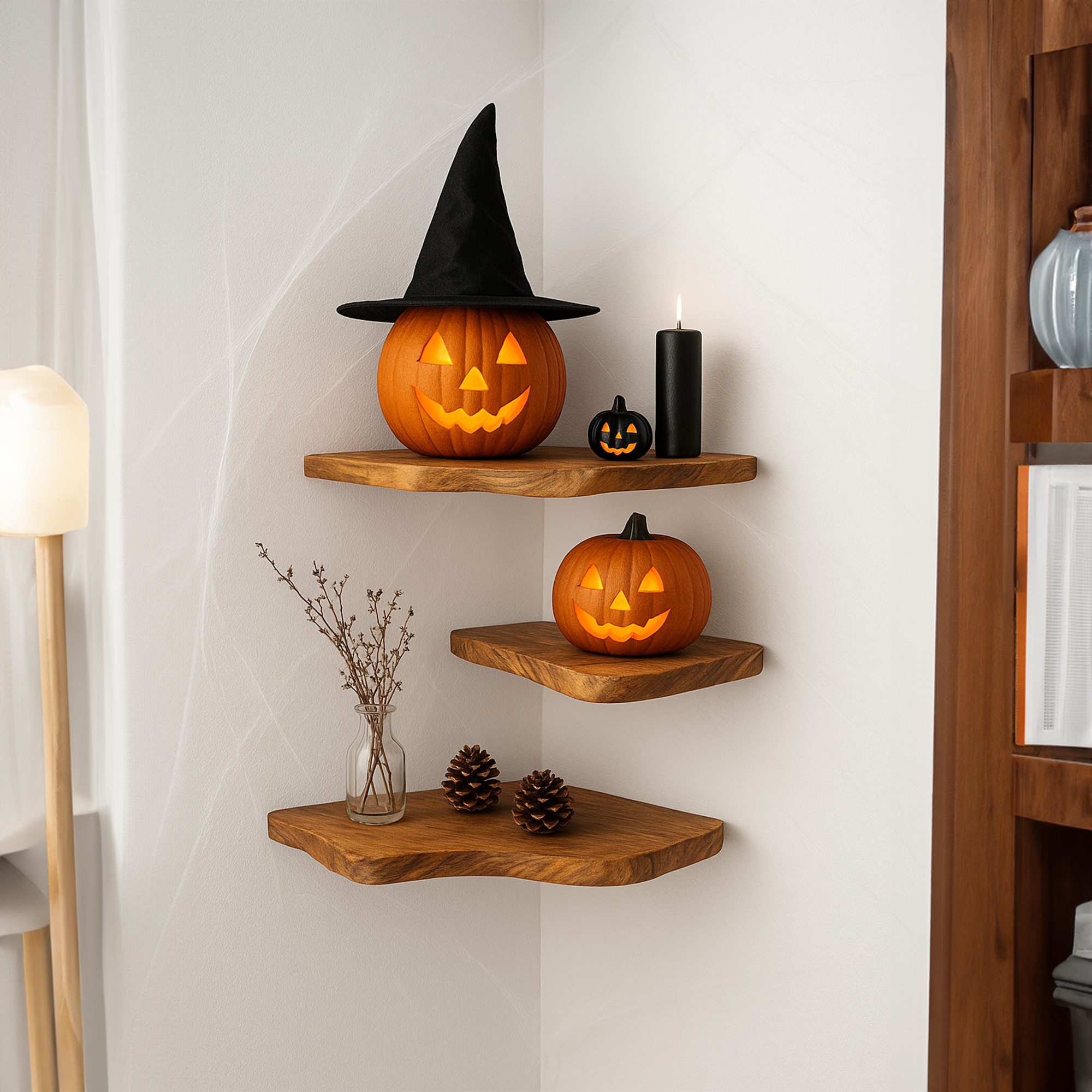 Rustic Halloween Tree Shape Wooden Floating Shelf Living Room Accent SINLKIHW043