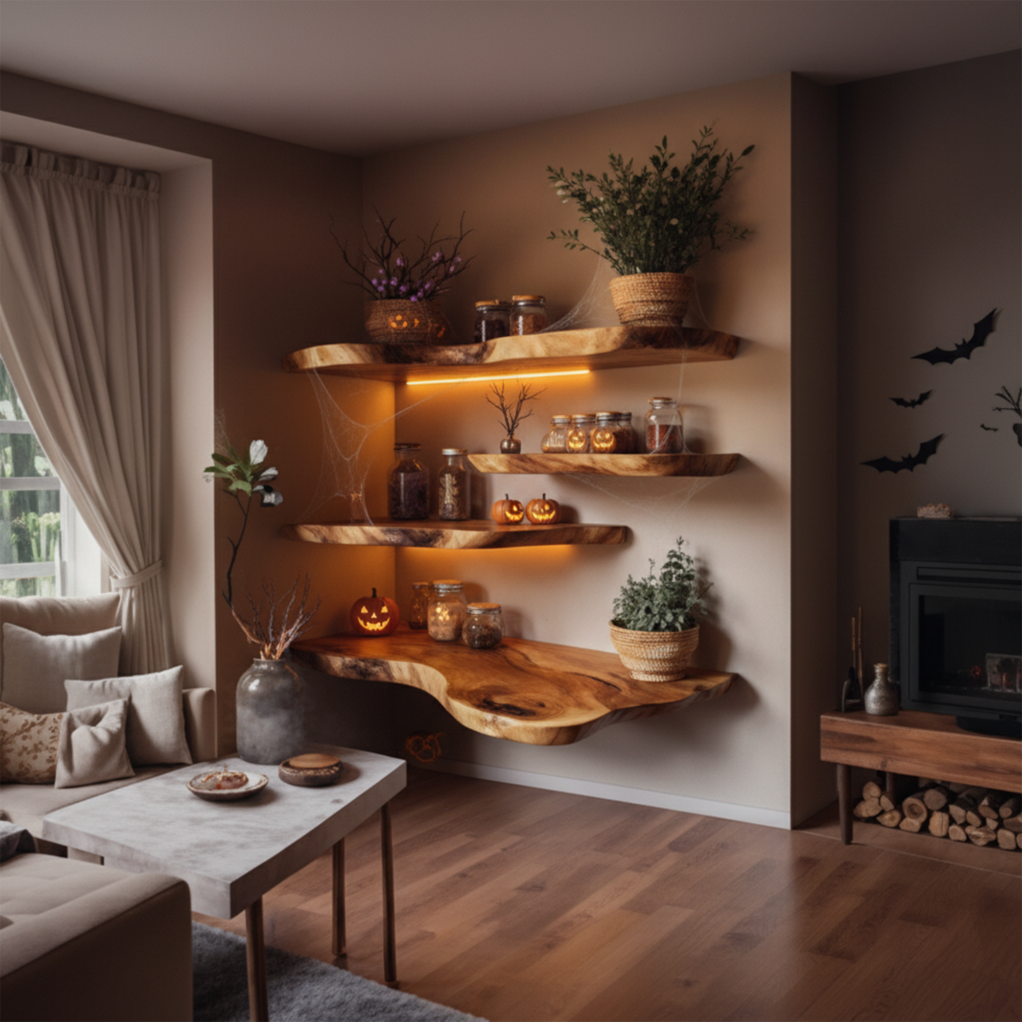 Mid Century Floating Wooden Shelves Halloween Style Living Room SINLKIHW034
