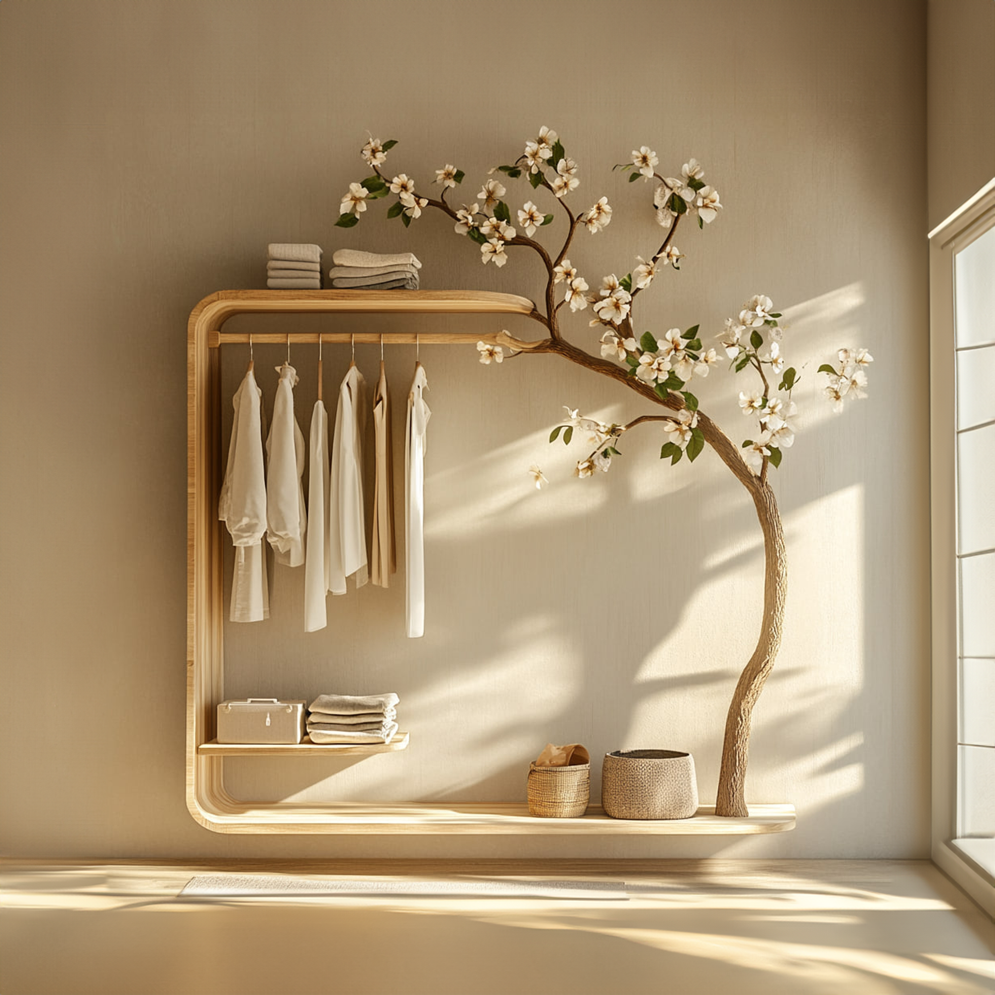 Minimalist Tree Wardrobe Handcrafted Solid Wood Bedroom Organizer SINLKITCR062