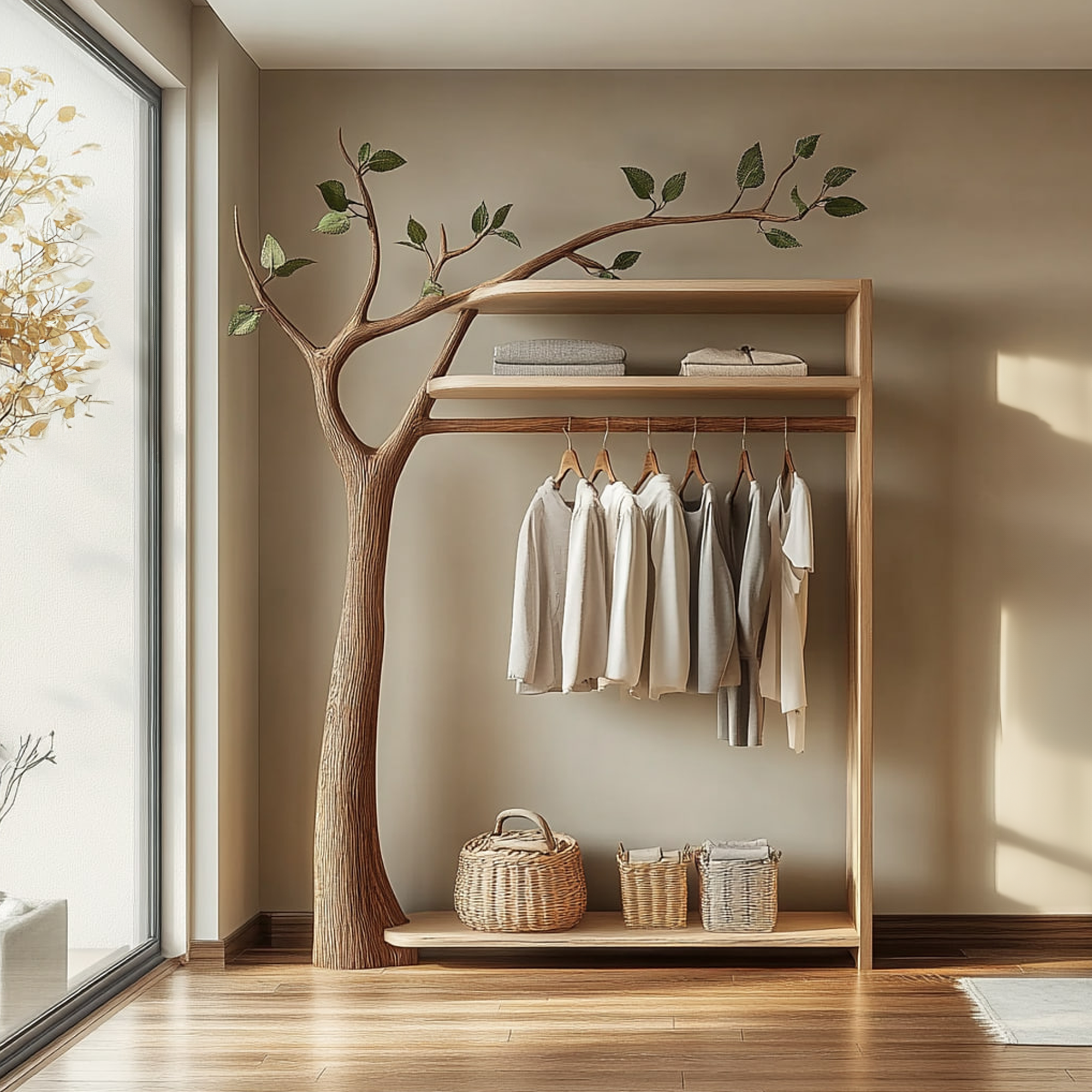 Nature Inspired Wooden Tree Clothing Rack Modern Bedroom SINLKITCR053