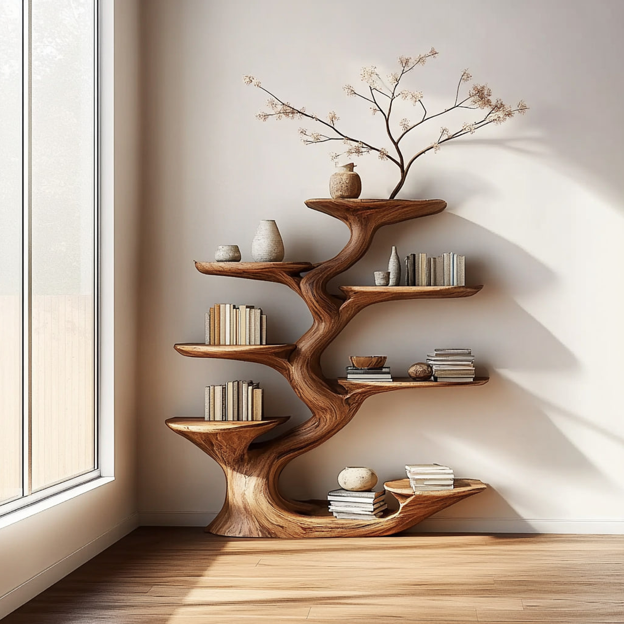 Rustic Sculptural Tree Bookshelf Living Room SINLKITB474