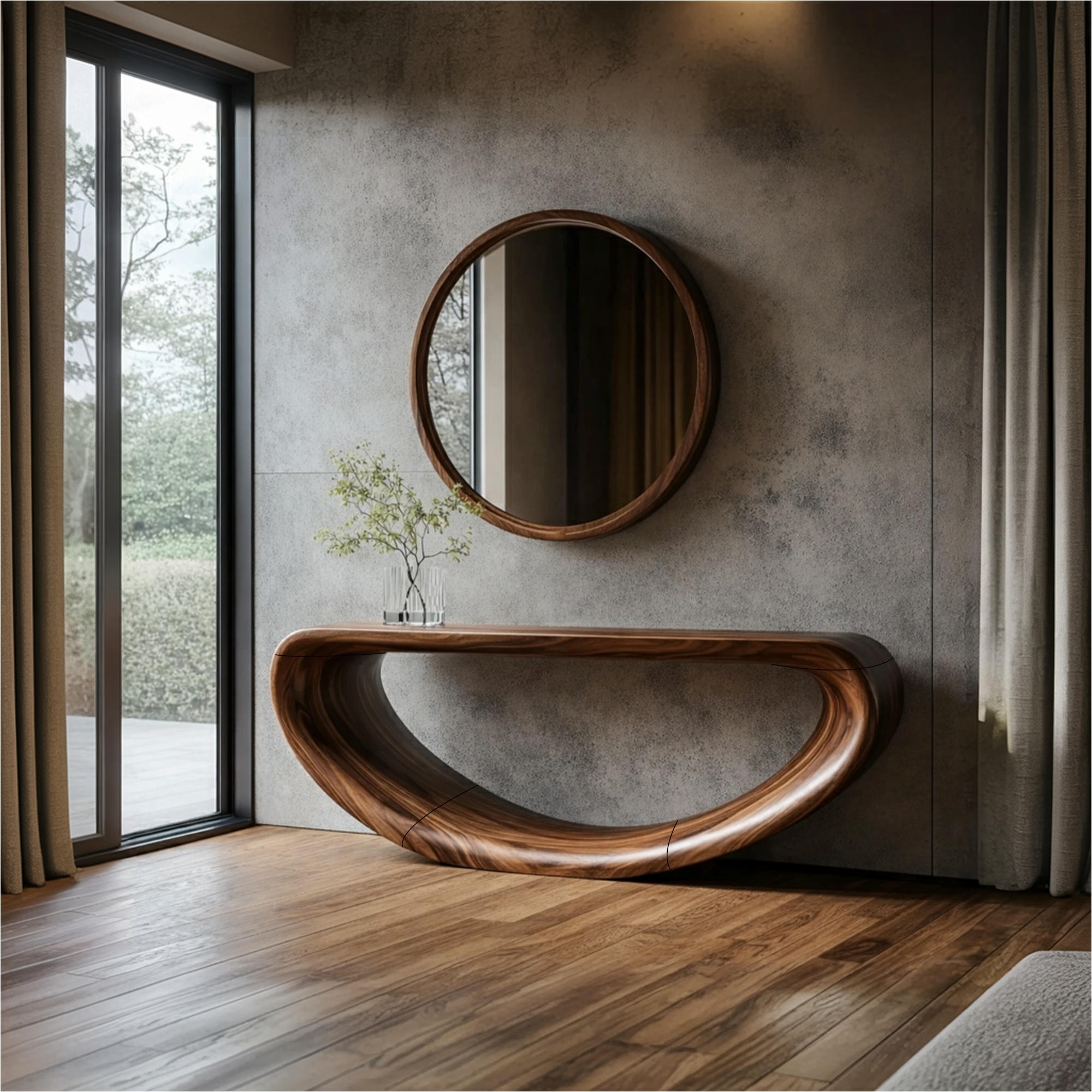 Rustic Handcrafted Curved Wooden Console Solid Wood Living Room Interior Feature Accent SINLKICS446