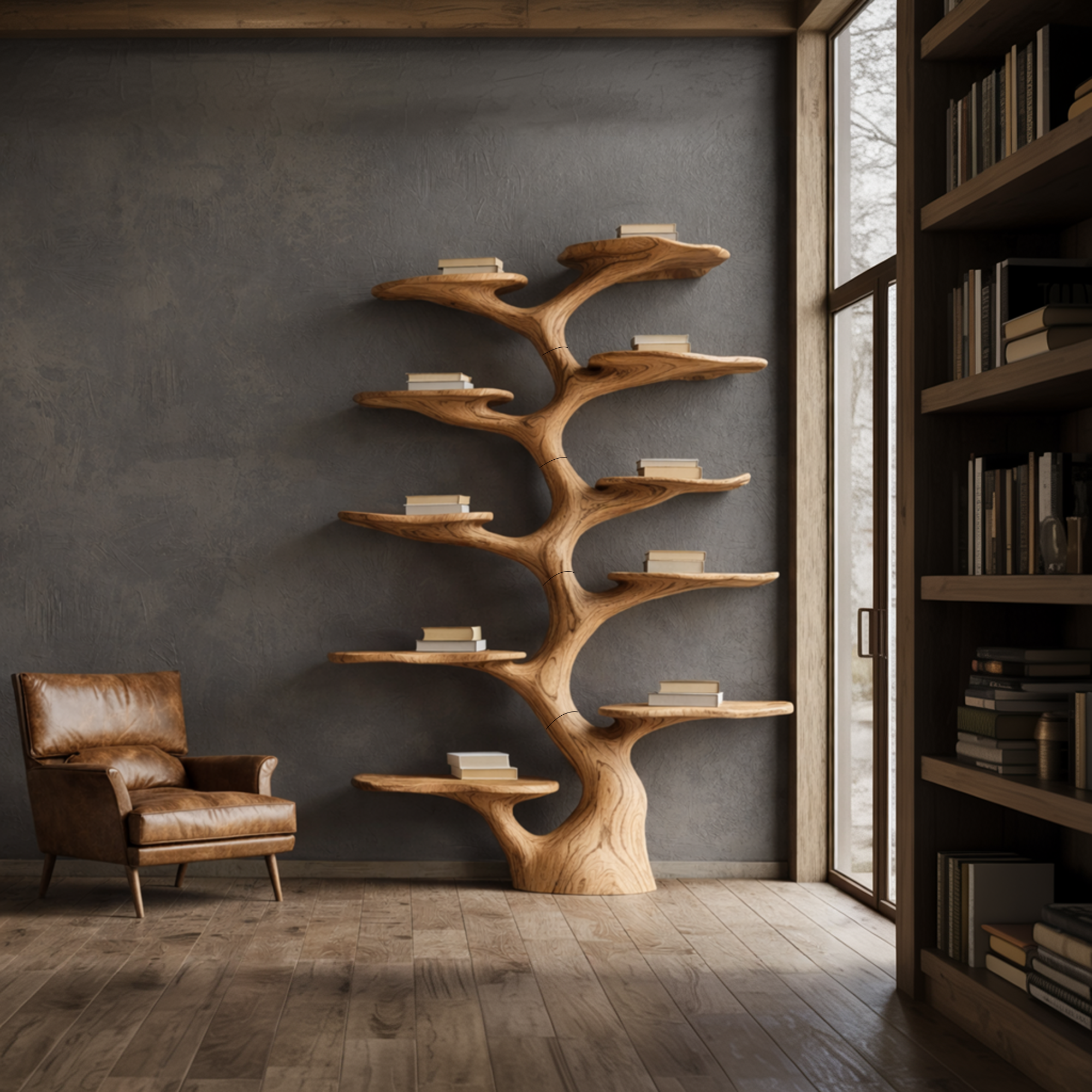 Rustic Sculptural Tree Bookshelf Living Room Interior Vertical Wall Display SINLKITB667