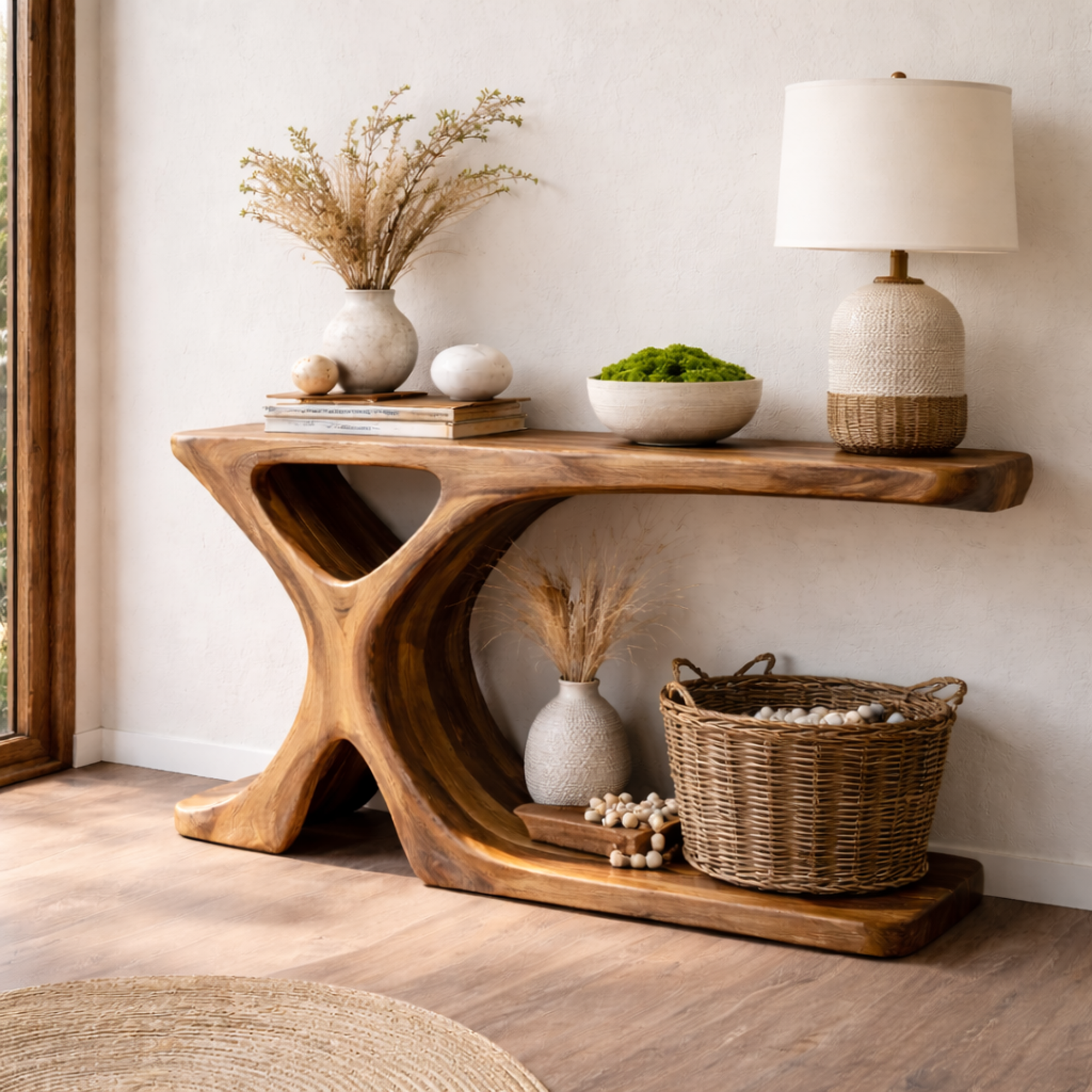 Handcrafted Organic Wood Console Table Tree Form Base For Hallway Decor SINLKICS456