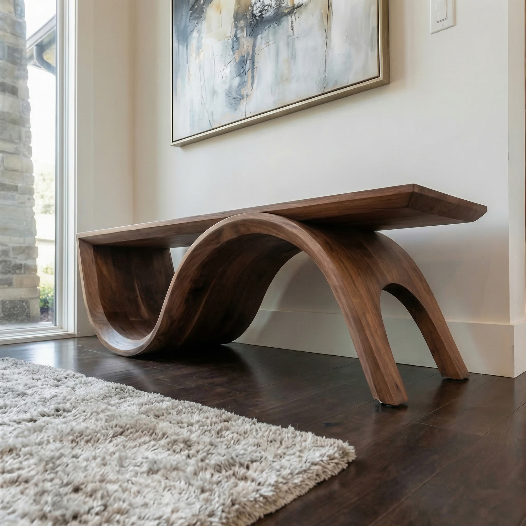 Mid Century Solid Wood Bench Sculptural Curved Base Entryway And Living Room SINLKIRS088