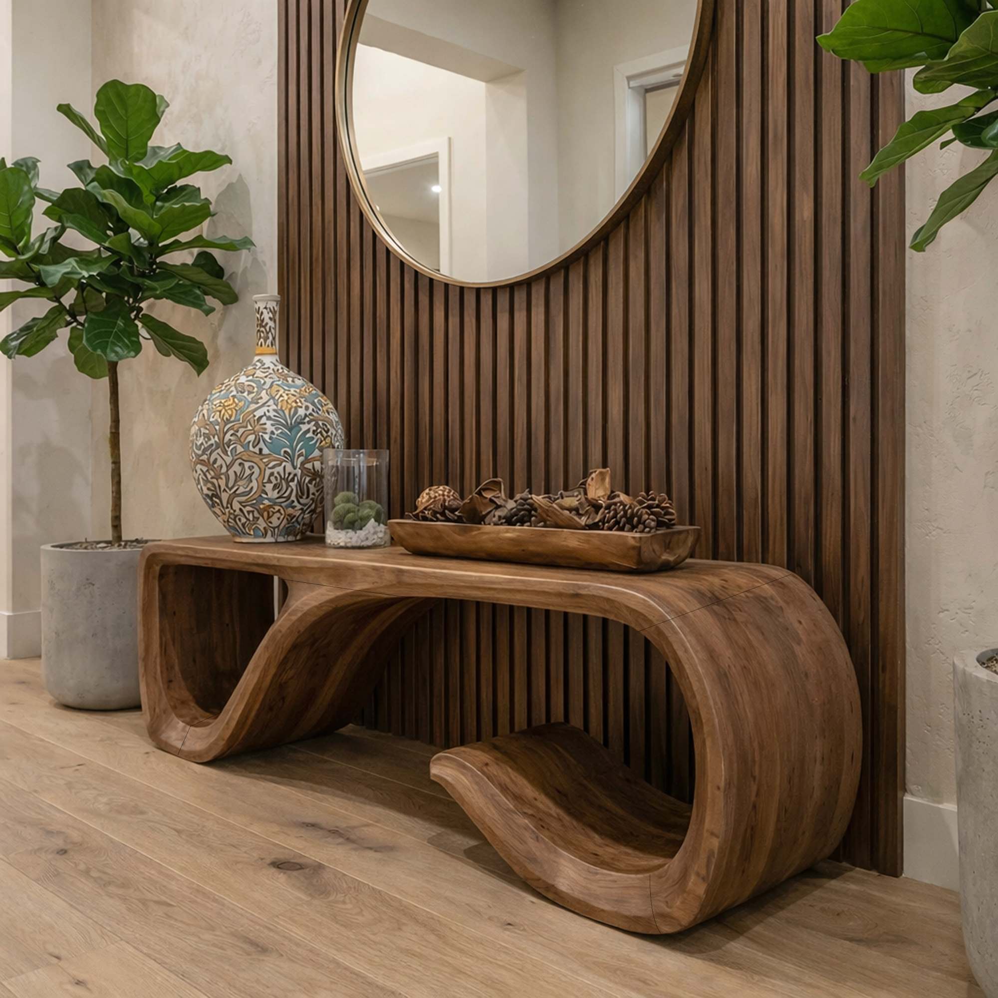 Modern Solid Wood Bench Sculptural Curved Base Entryway And Living Room SINLKIRS090