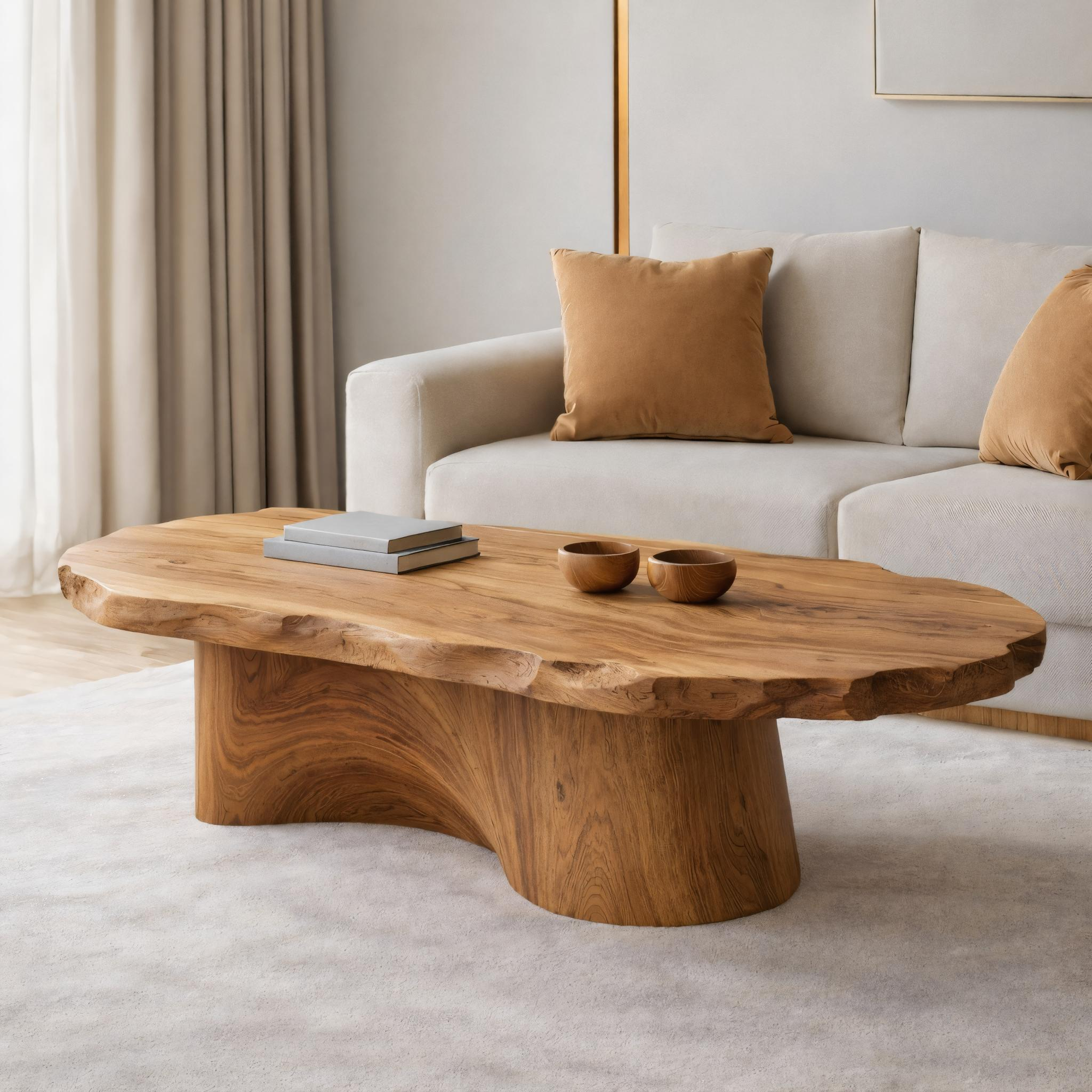 Soft Edge Organic Solid Wood Coffee Table Sculpted Base Serene Modern Living Room Interior SINLKICF295