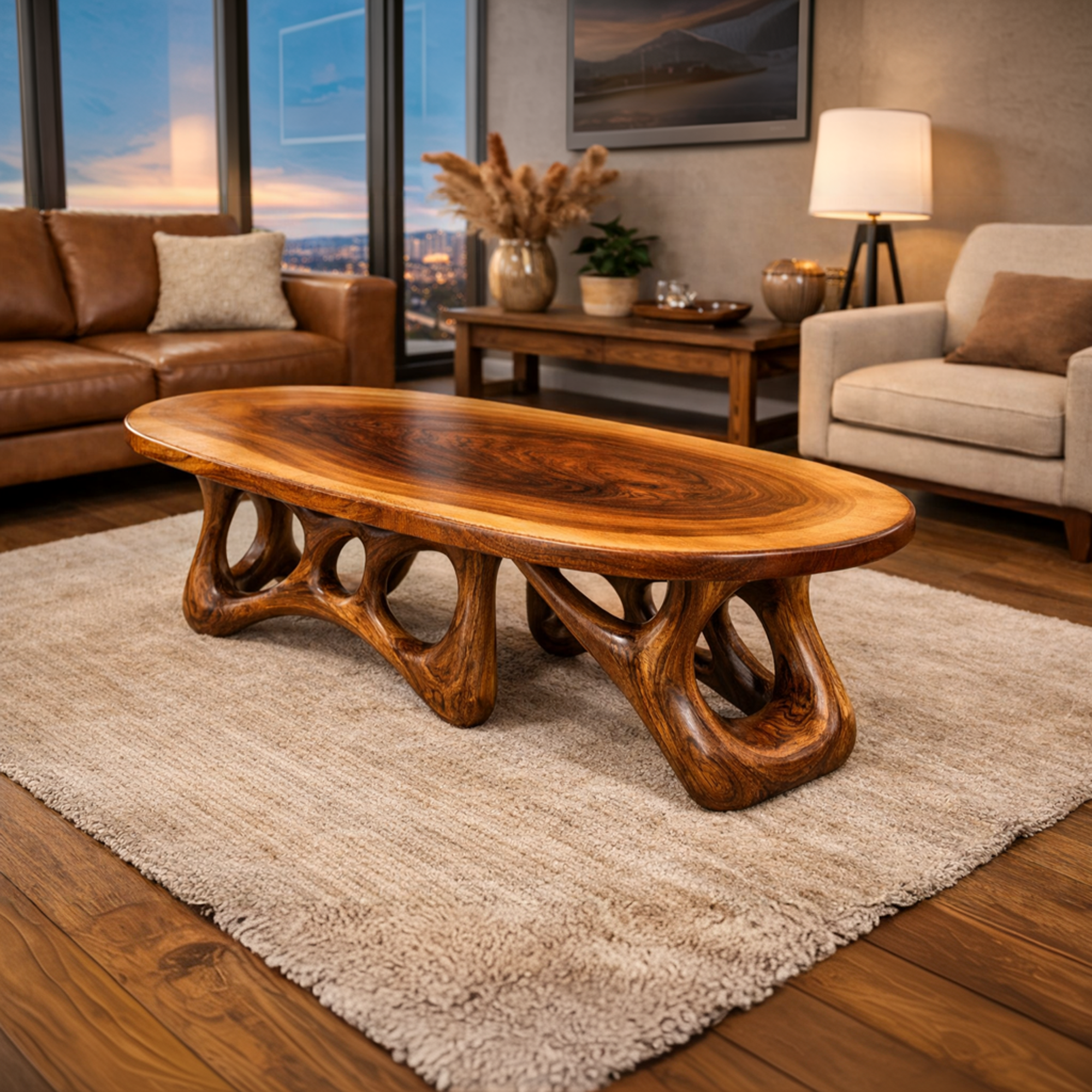 Sculpted Live Edge Solid Wood Coffee Table Organic Arch Silhouette Warm Contemporary Living Room Interior SINLKICF302