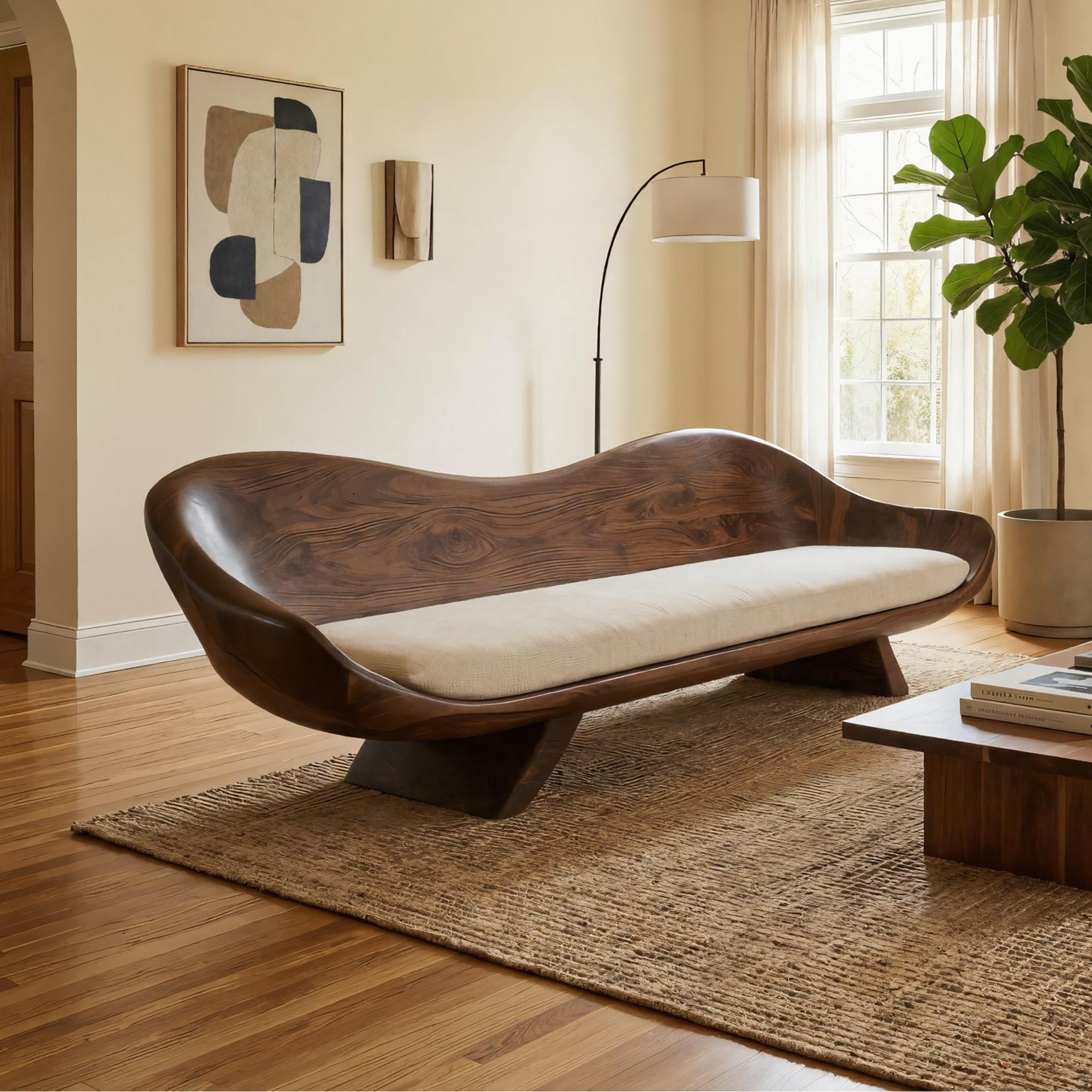 Modern Sculptural Wood Sofa Living Room Organic Curved Couch Statement Furniture SINLKISF010