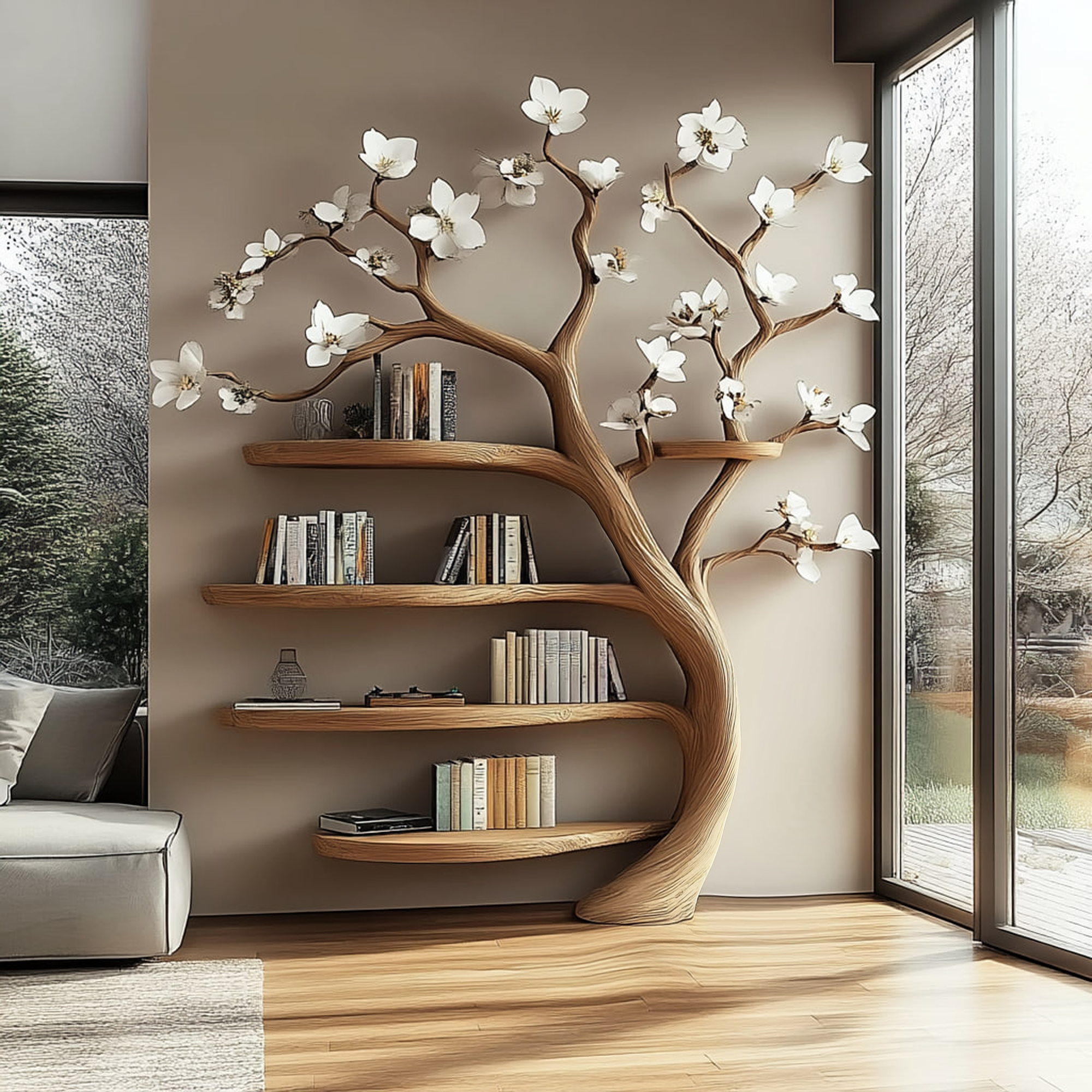 Rustic Tree Bookshelf Living Room Flower Wall Display SINLKITB484
