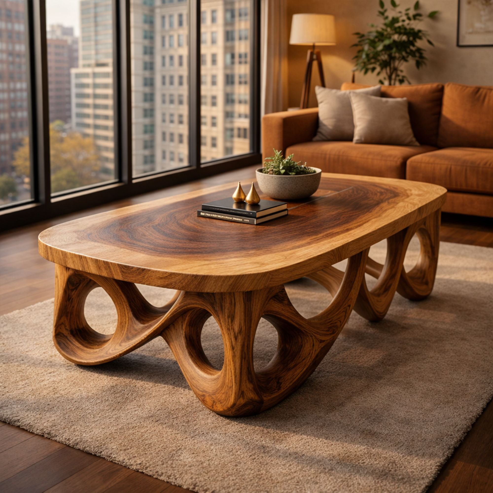 Urban Sculpted Solid Wood Coffee Table Flowing Arch Base Modern Living Room Interior SINLKICF301