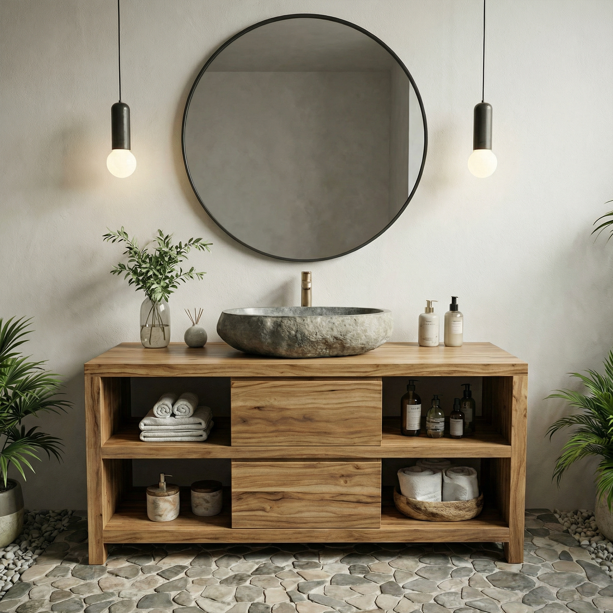 Modern Minimal Solid Wood Bathroom Vanity Open Shelf Storage Cabinet SINLKIBRV273