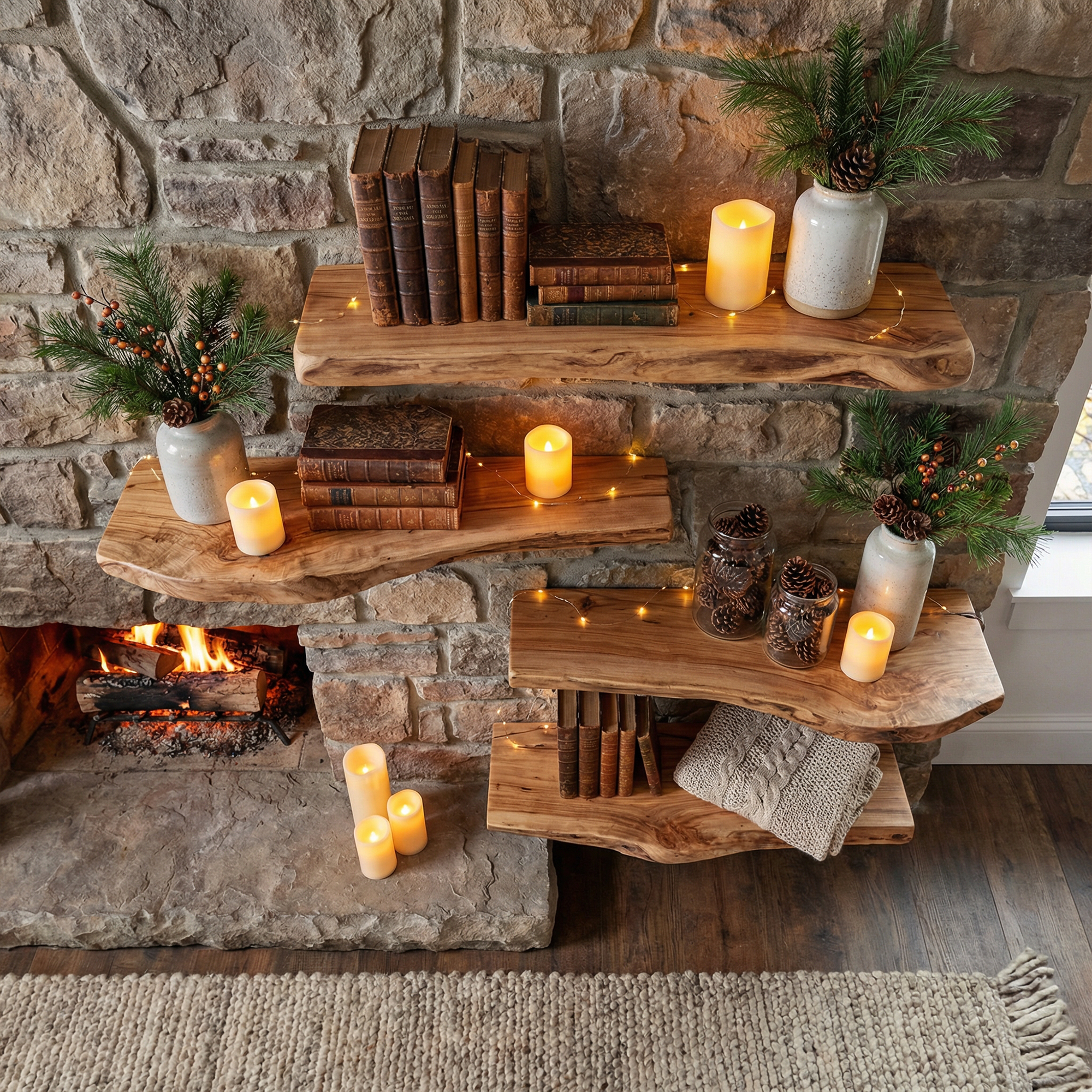 Rustic Fireplace Wall Shelves Solid Wood Organic Display SINLKIFL495