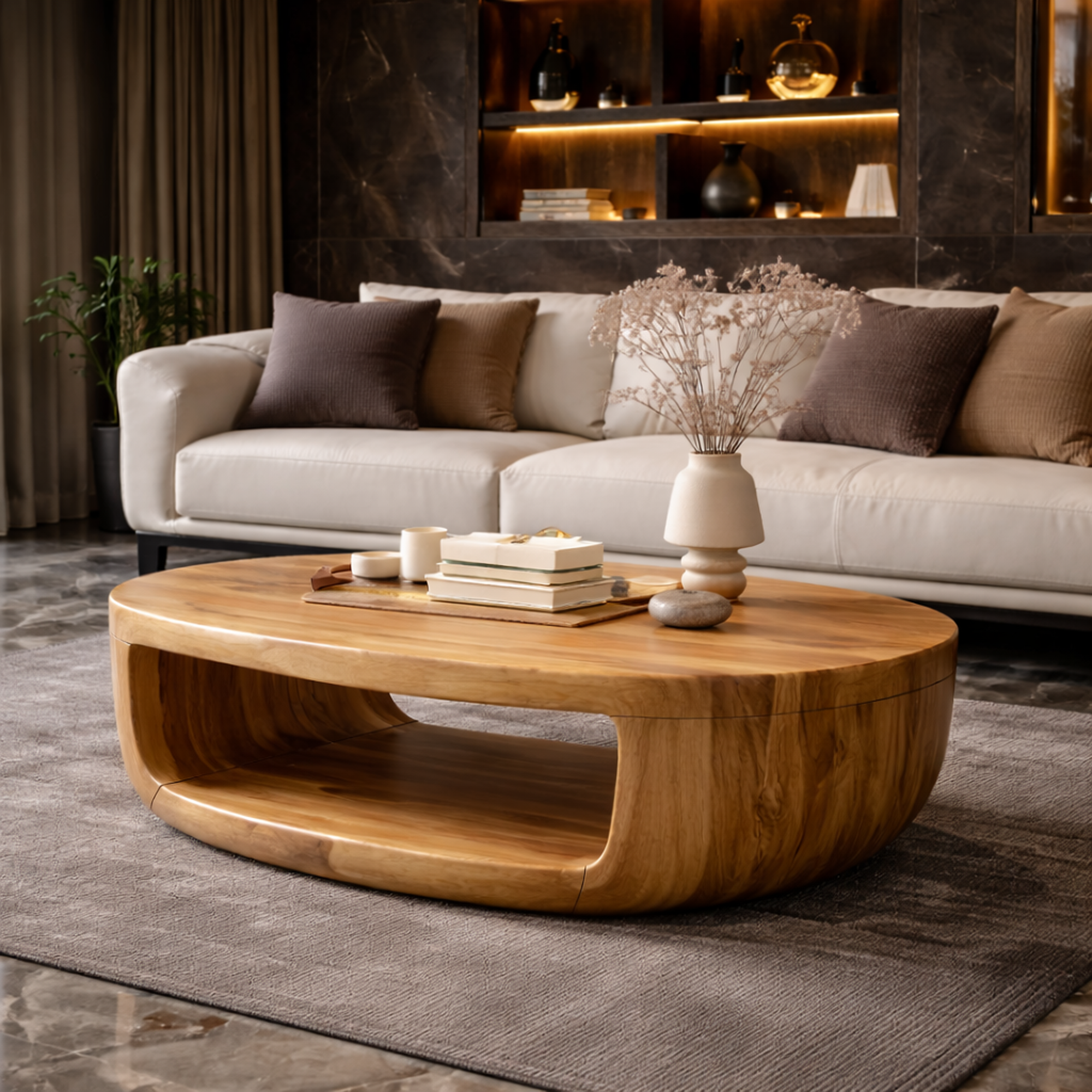 Curved Shell Solid Wood Coffee Table Calm Contemporary Living Room Interior SINLKICF319