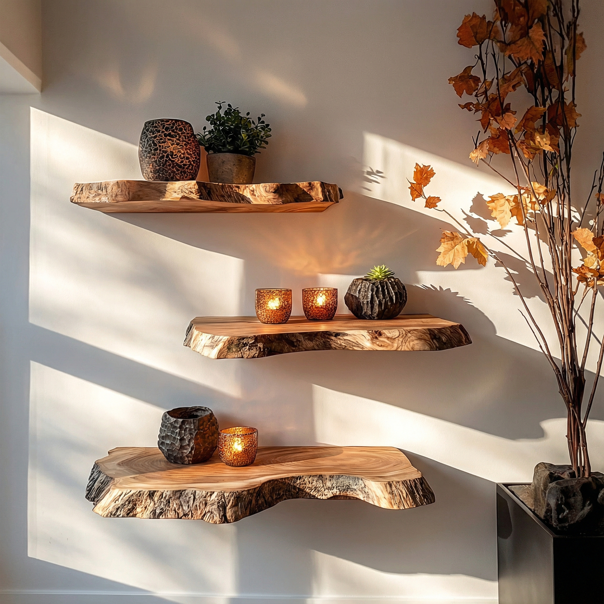 Modern Thick Live Edge Floating Wall Shelves Natural Wood Accent SINLKIFL500