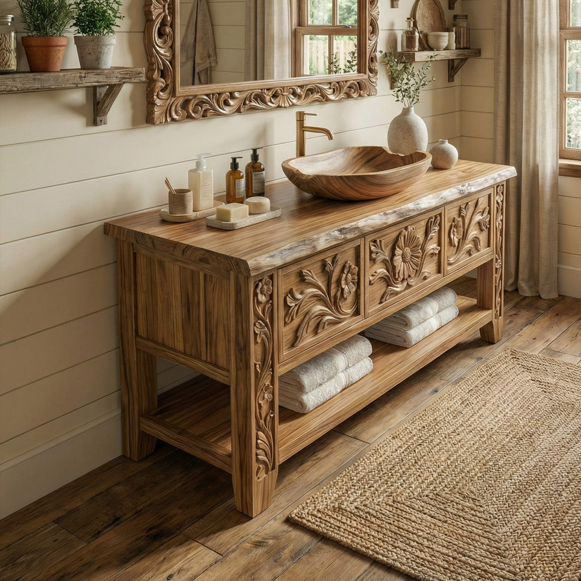 Rustic Hand Carved Solid Wood Bathroom Vanity Decorative Panel Cabinet SINLKIBRV275