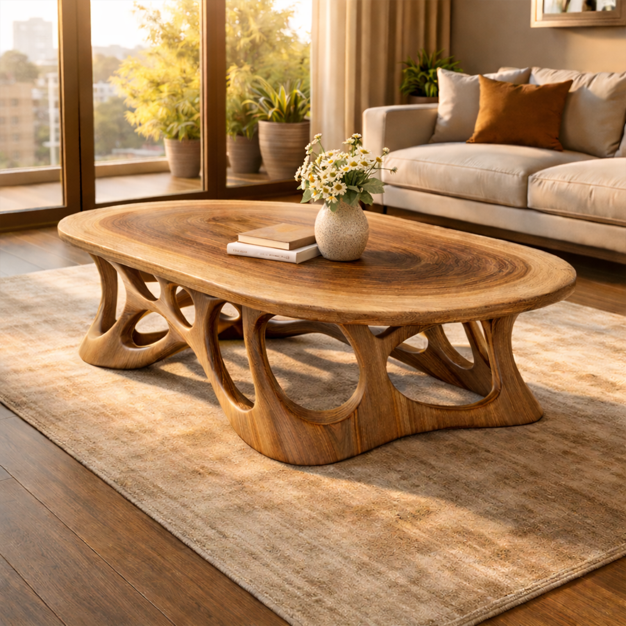 Sculpted Oval Solid Wood Coffee Table Organic Flow Modern Living Room Interior SINLKICF306