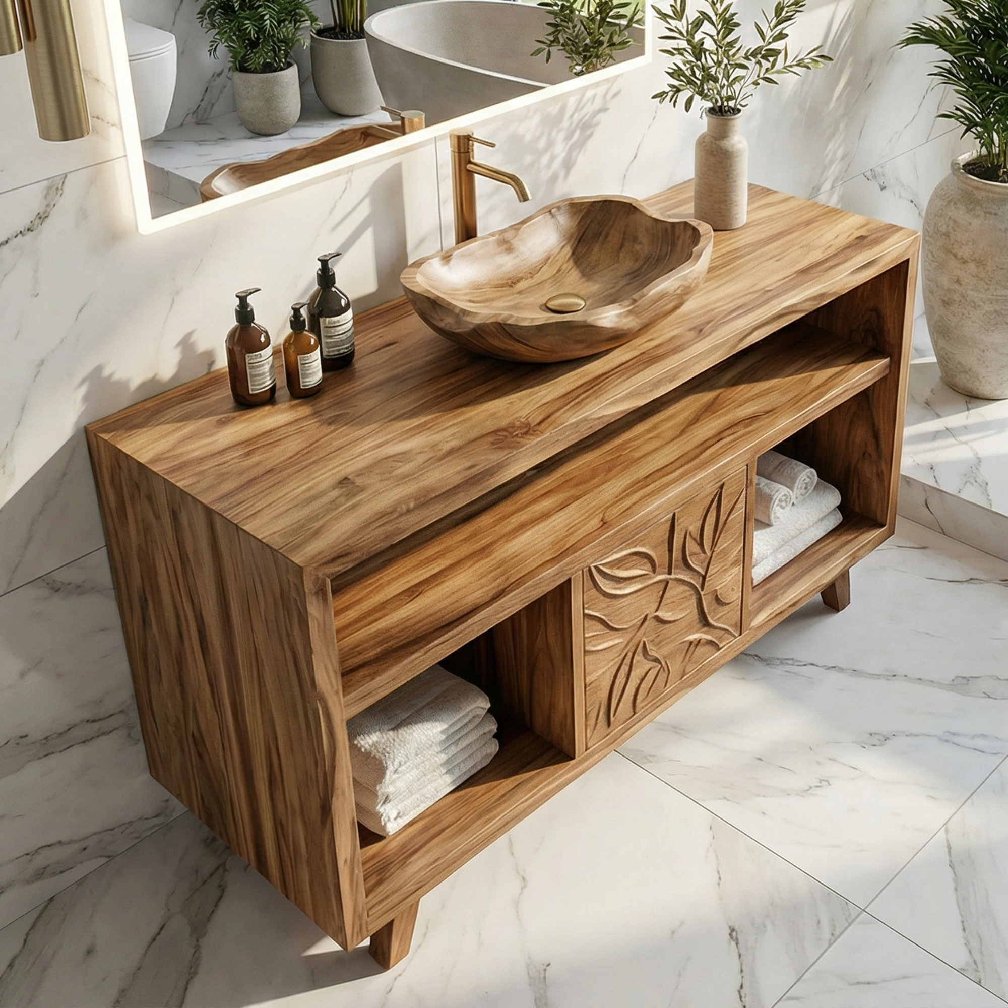 Contemporary Solid Wood Bathroom Vanity Open Niche Carved Door Cabine SINLKIBRV278