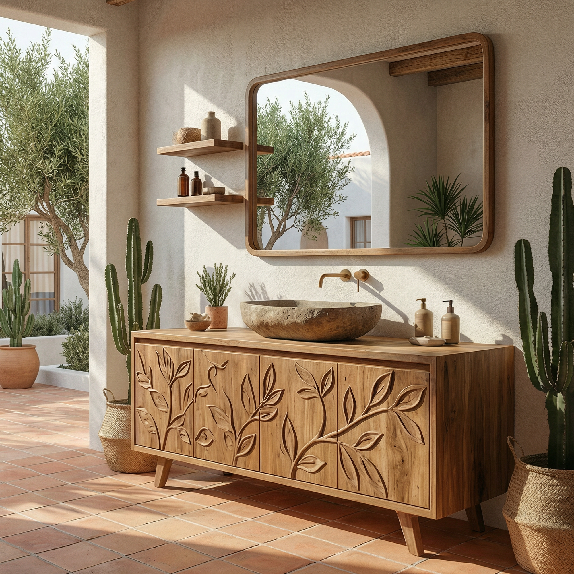 Mediterranean Solid Wood Bathroom Vanity Floral Carved Freestanding Cabinet SINLKIBRV279