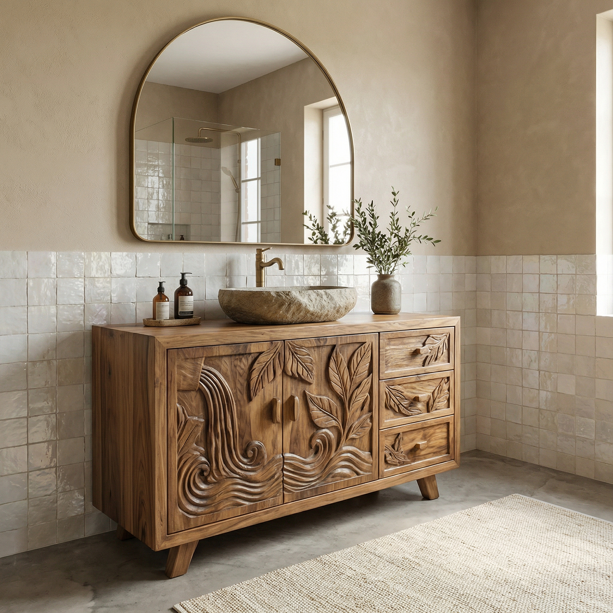 Bohemian Solid Wood Bathroom Vanity Leaf Carved Storage Cabinet SINLKIBRV280