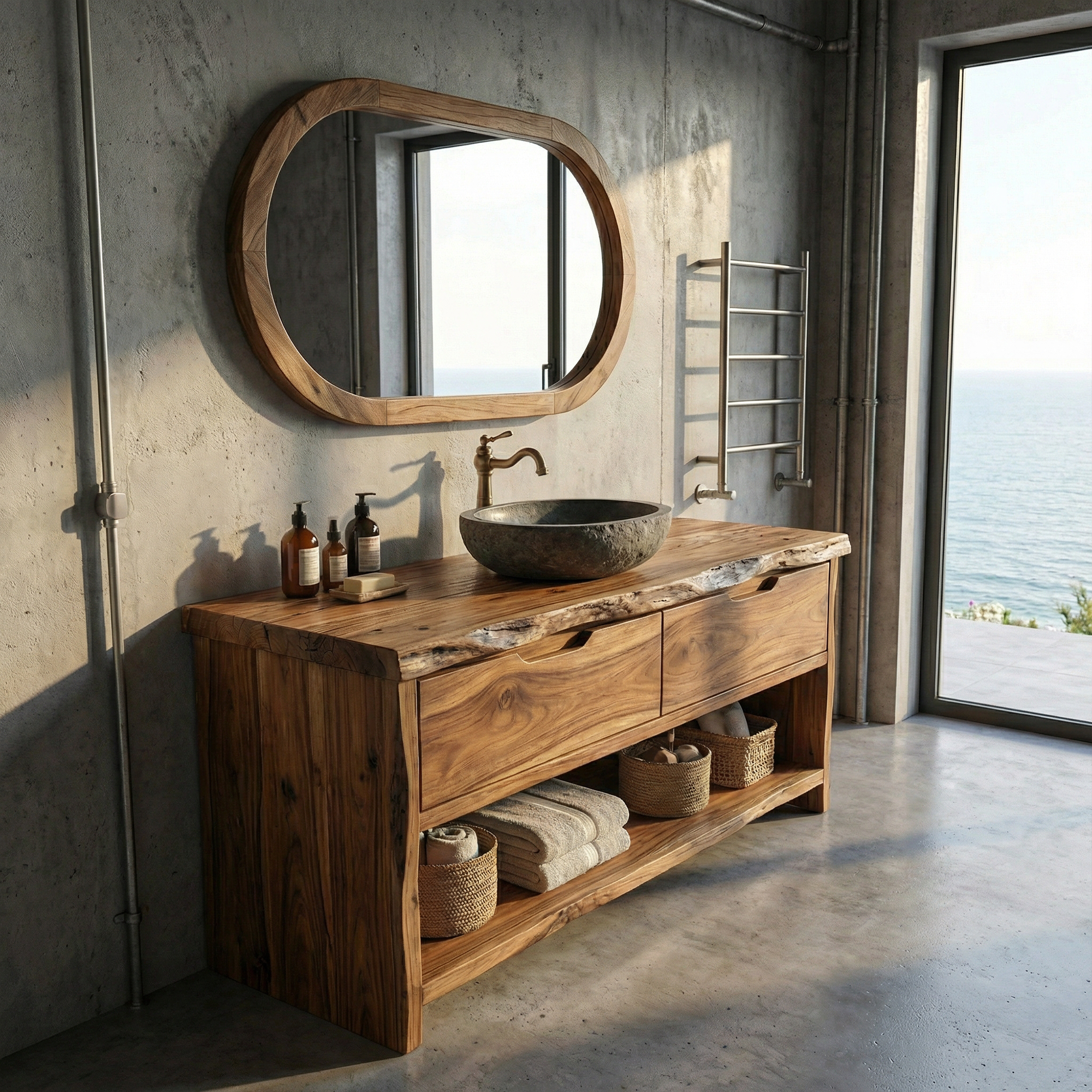 Industrial Solid Wood Bathroom Vanity Open Shelf Freestanding Cabinet SINLKIBRV286