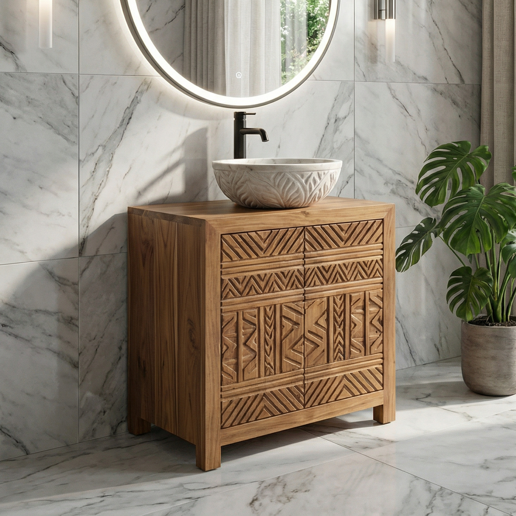 Tribal Geometric Solid Wood Bathroom Vanity Compact Storage Cabinet SINLKIBRV281