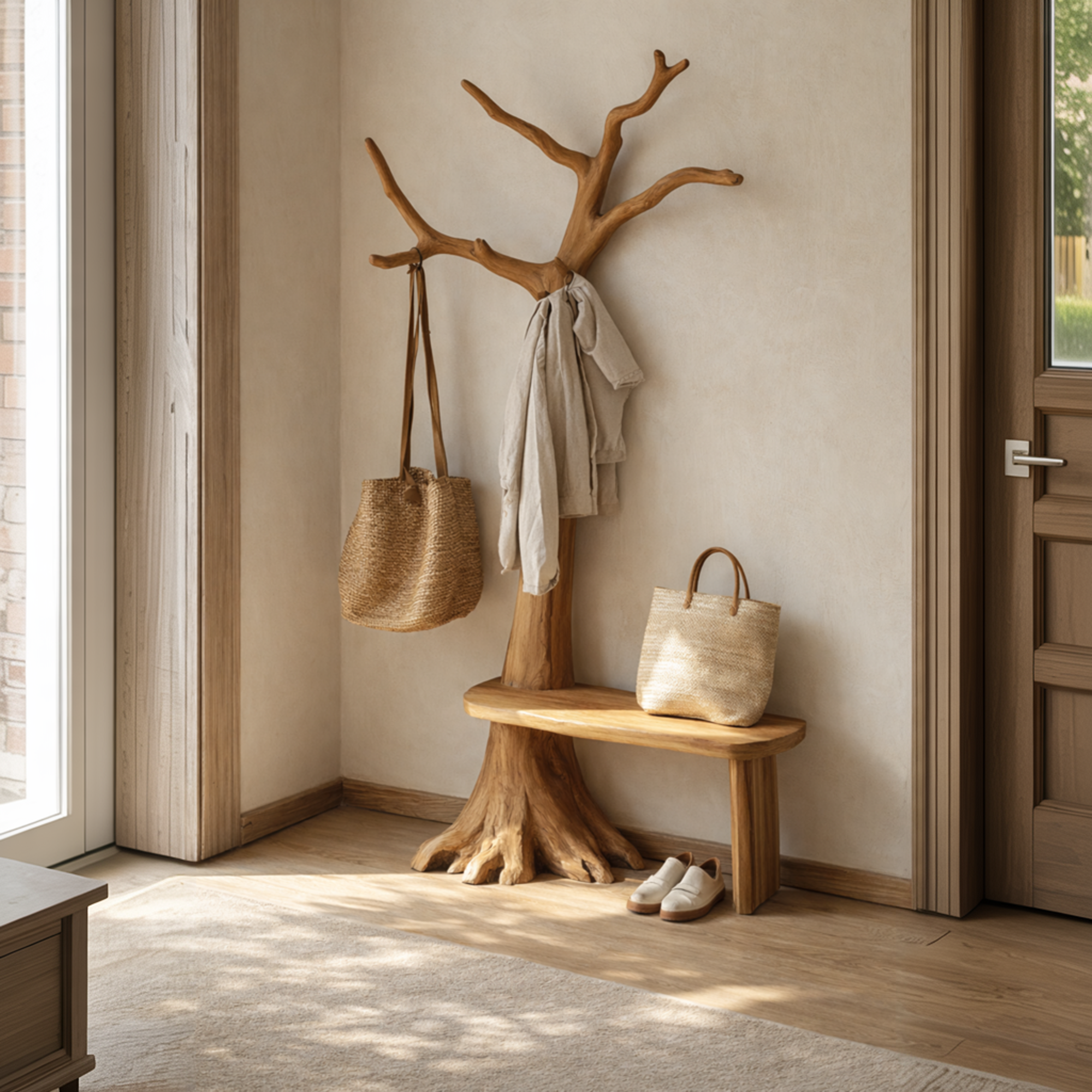 Rustic Artistic Wooden Tree Coat Stand Bench Solid Wood Entryway Interior Signature Furniture SINLKITCR094