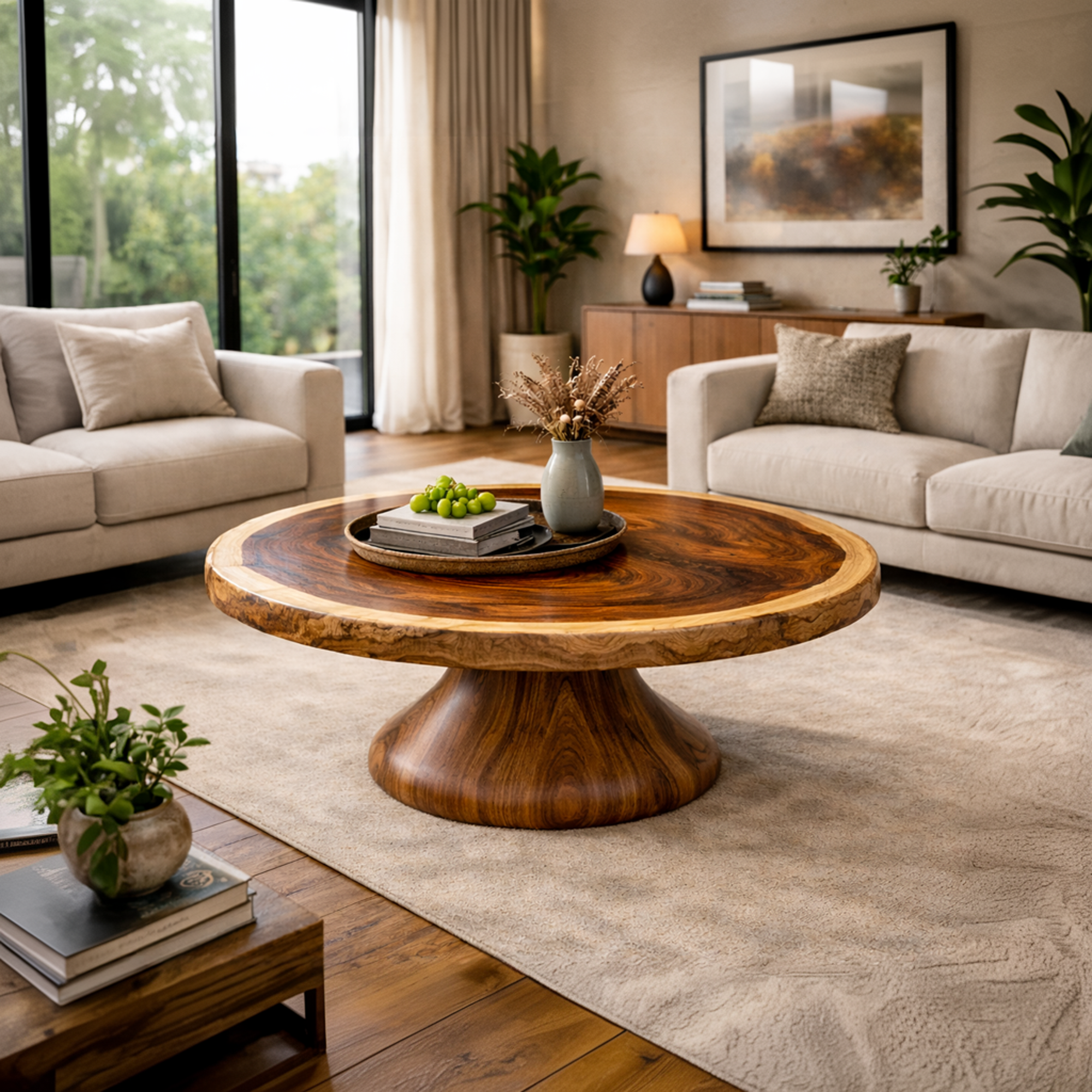 Monumental Pedestal Solid Wood Coffee Table Sculptural Focal Point Sophisticated Living Room Interior SINLKICF291