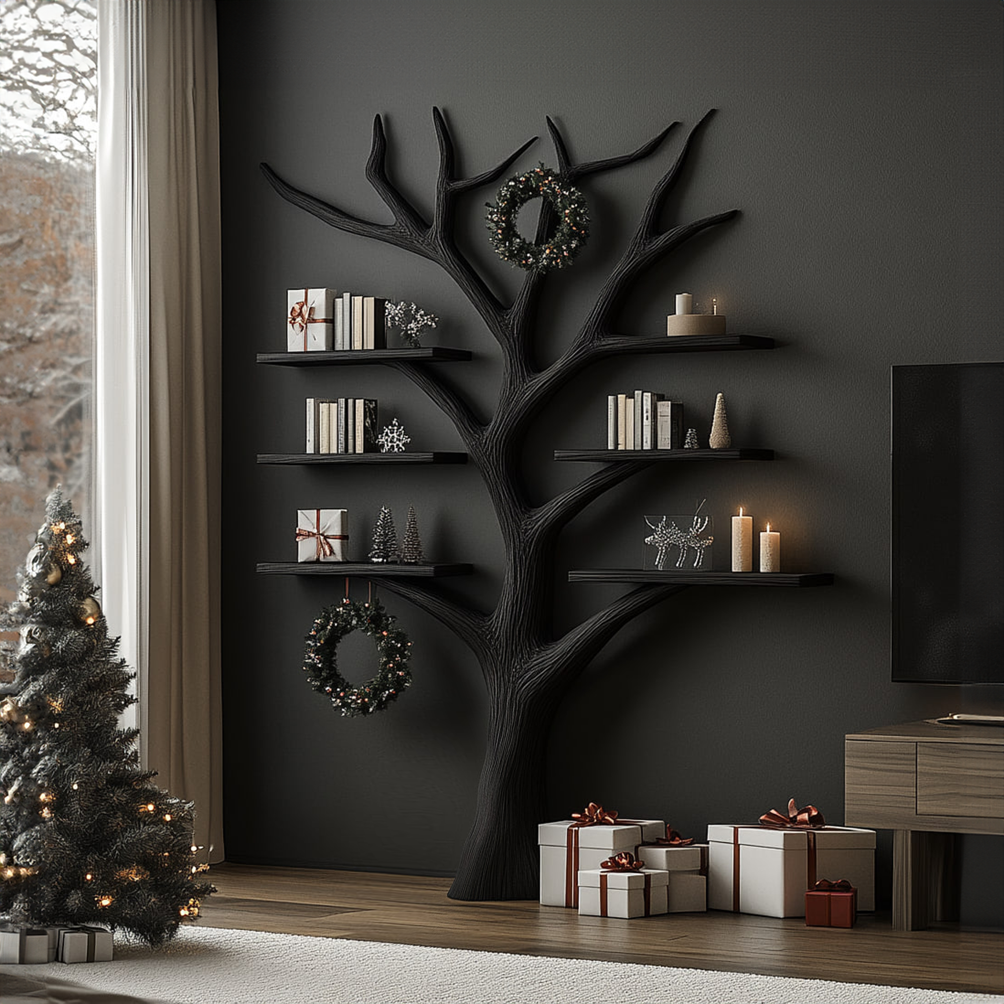 Rustic Tree Bookshelf Living Room Christmas Holiday Wall Decor SINLKITB490